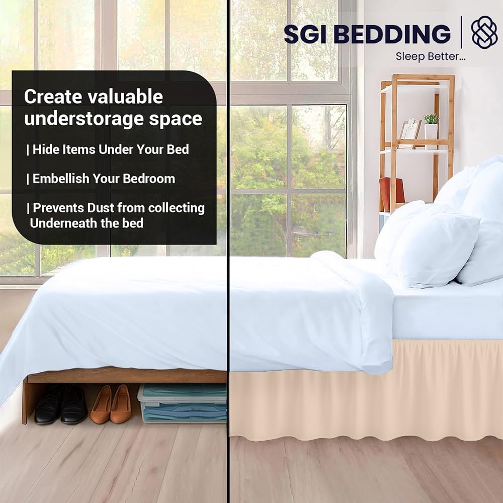 SGI bedding 12 Inch Drop Ruffled Bed Skirt King Size - Classic Gathered Styling, Platform Style Dust Ruffle with Secure Fit, Split Corners, Wrinkle-Resistant Microfiber - Beige