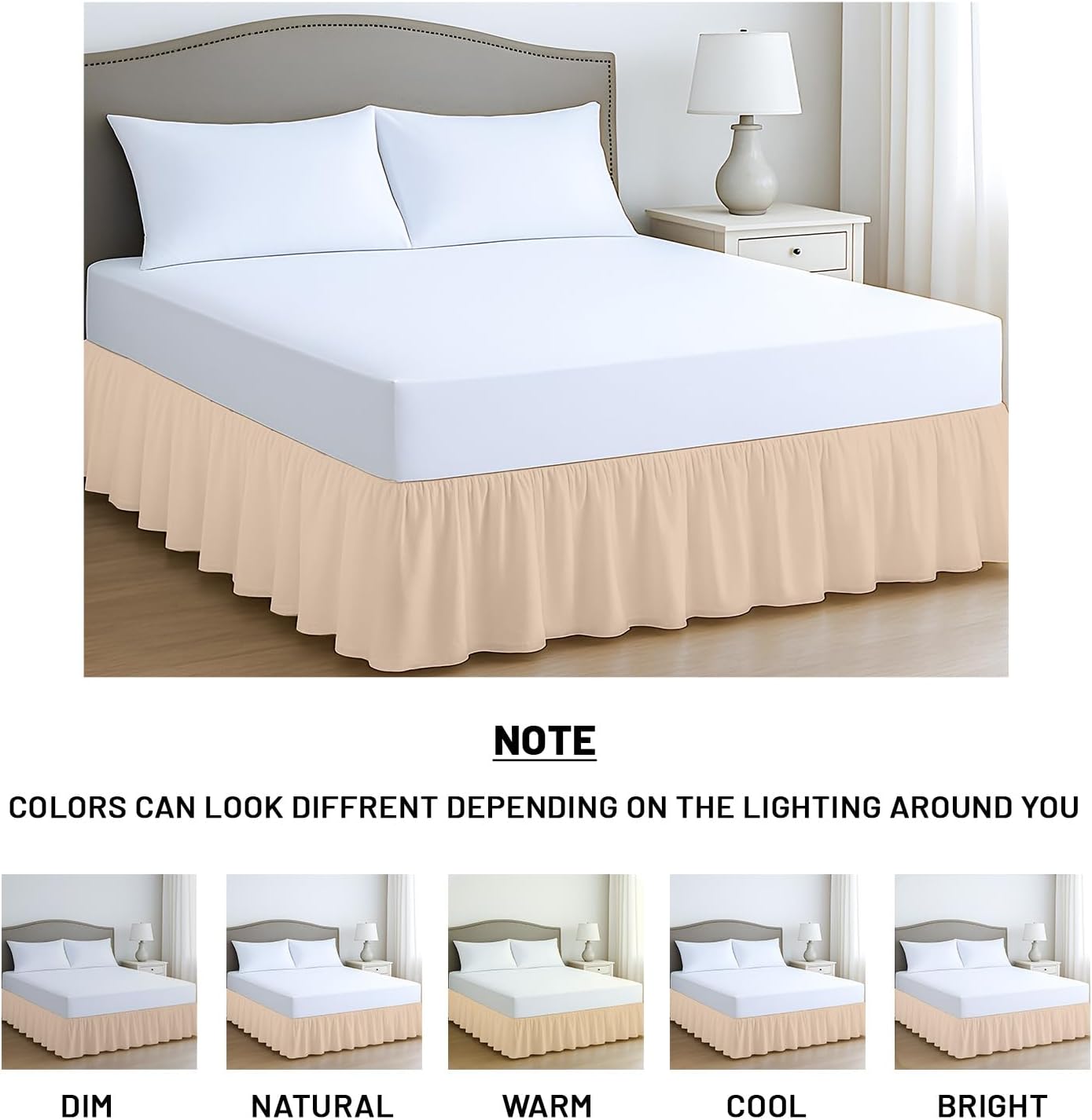 SGI bedding 12 Inch Drop Ruffled Bed Skirt King Size - Classic Gathered Styling, Platform Style Dust Ruffle with Secure Fit, Split Corners, Wrinkle-Resistant Microfiber - Beige