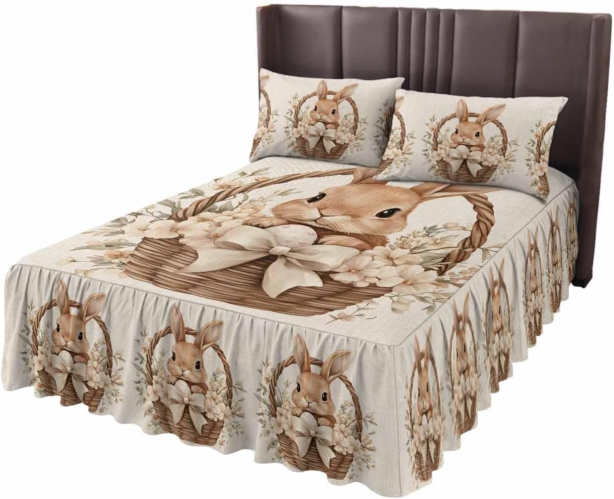 Ruffle Skirt Bedspread for King Size Bed Easter Rabbit Basket on Vintage Linen 3 Piece Bedding Cover with Pillow Sham,18In Drop Bedskirt Coverlet Bedroom Dorm Decor Spring Flower Bow
