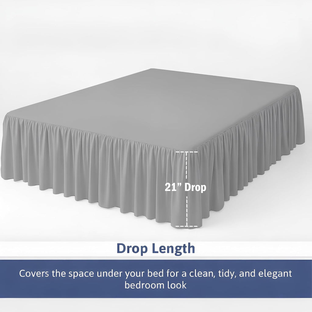 Queen Size Ruffled Bed Skirt - 21 Inch Drop Dust Ruffle Bedskirt with Split Corners, Easy Fit Platform Design Bed Skirts, Three-Sided Coverage, Microfiber Bedskirts, Light Grey