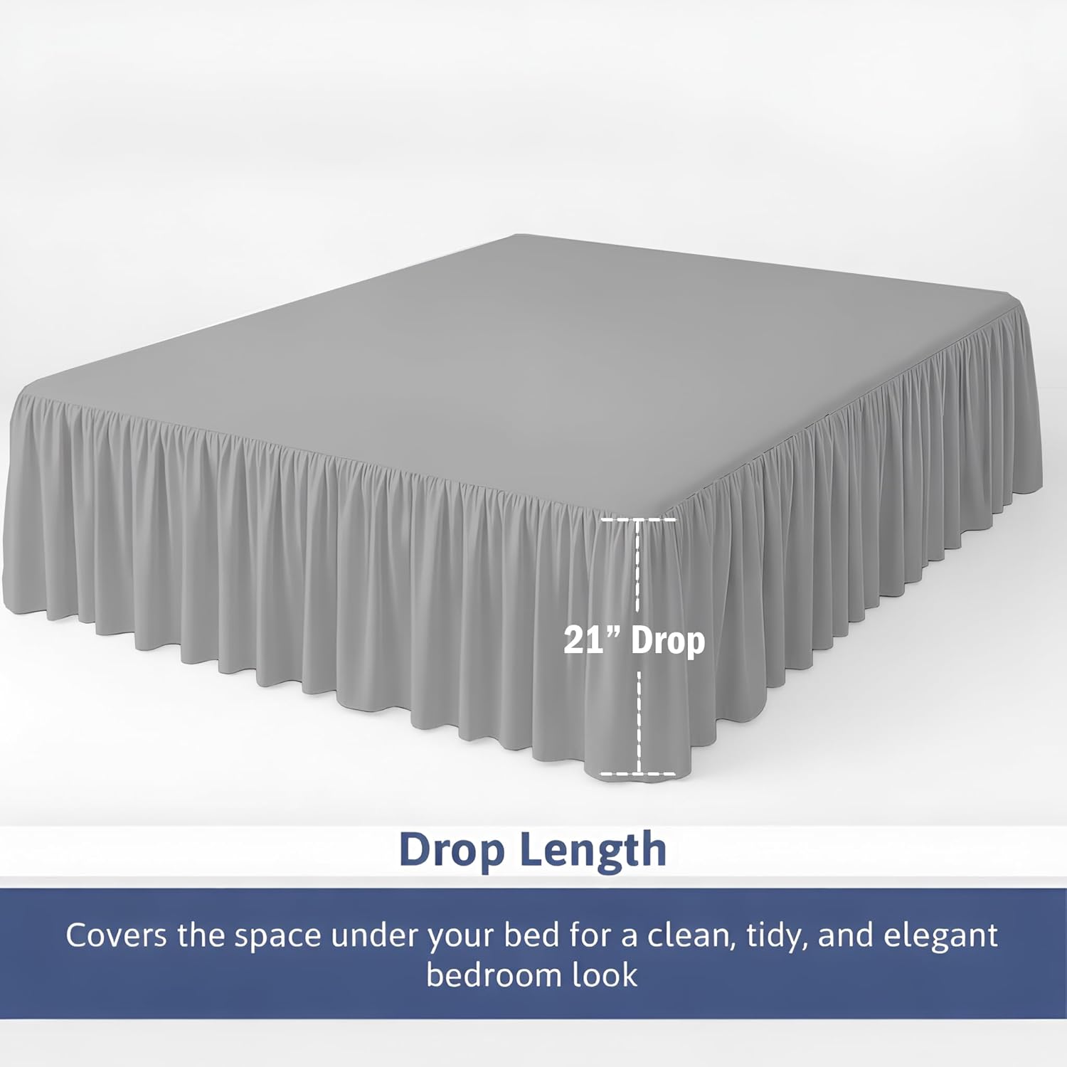Queen Size Ruffled Bed Skirt - 21 Inch Drop Dust Ruffle Bedskirt with Split Corners, Easy Fit Platform Design Bed Skirts, Three-Sided Coverage, Microfiber Bedskirts, Light Grey