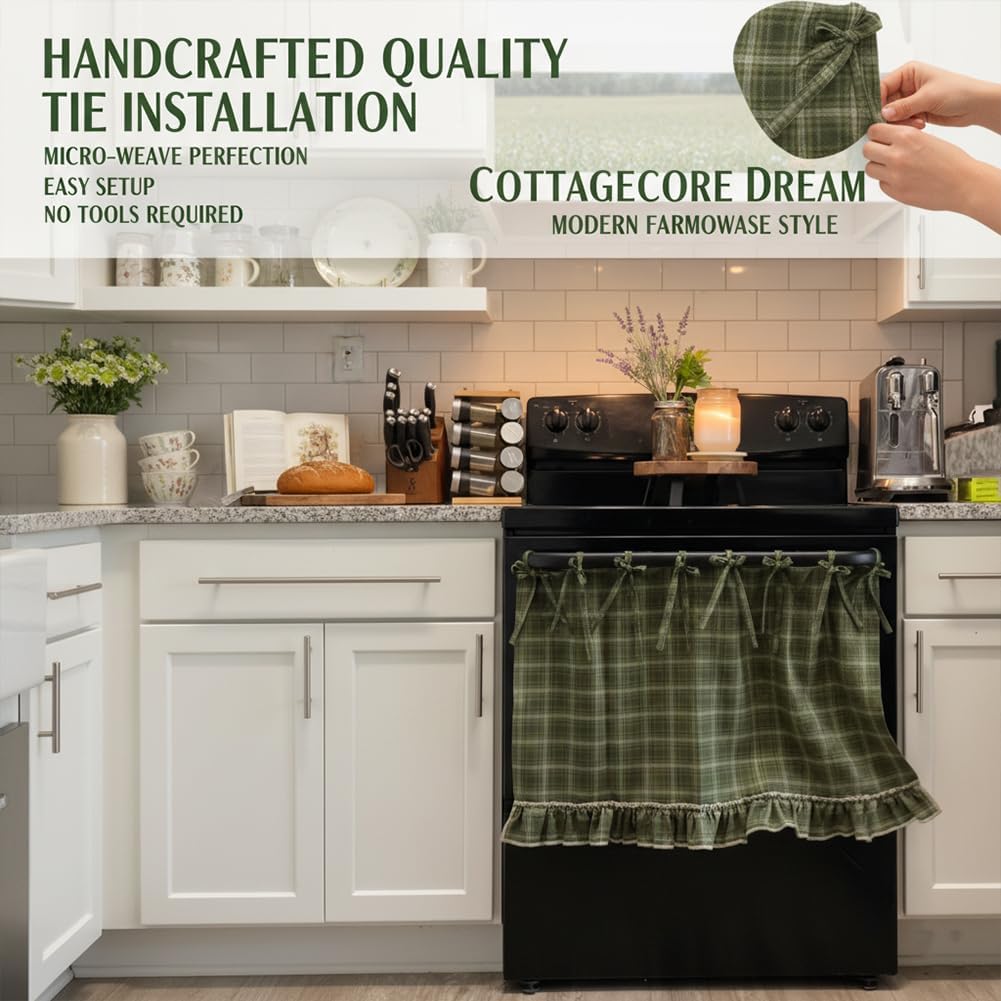 Handmade Oven Skirts, Oven Skirt Curtain for Door, Oven Curtain Tie Top, Farmhouse Kitchen Décor, Heat-Resistant, Effortless Install, Hide Clutter, for Oven,Dishwashers, Washing Machine (Domino)