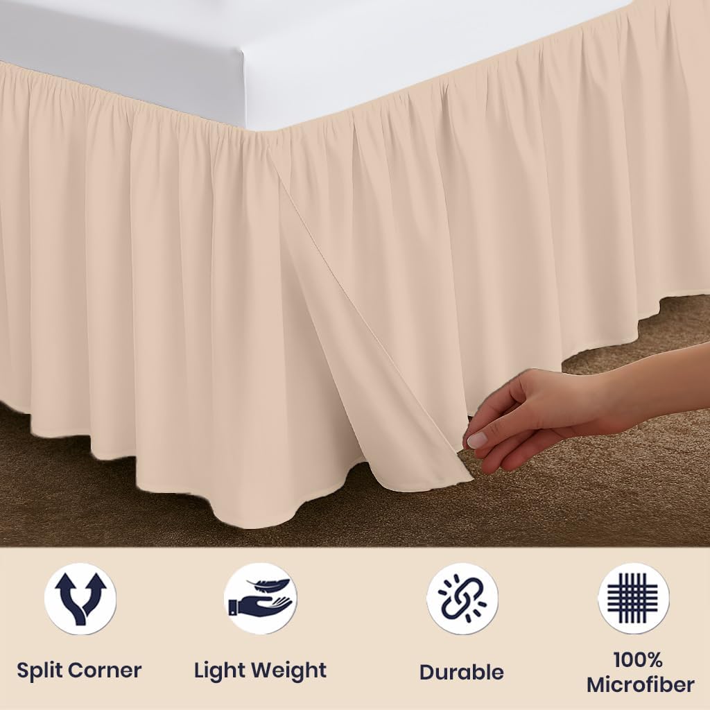 SGI bedding 12 Inch Drop Ruffled Bed Skirt King Size - Classic Gathered Styling, Platform Style Dust Ruffle with Secure Fit, Split Corners, Wrinkle-Resistant Microfiber - Beige