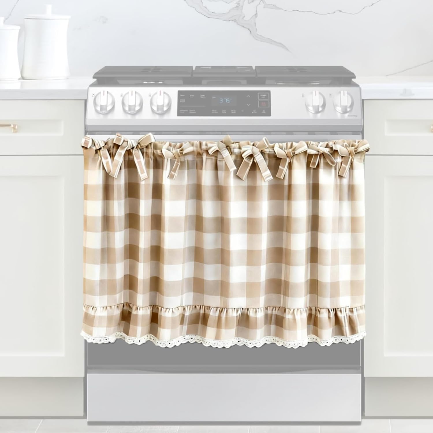 Beige and White Check Oven Skirt for Farmhouse Kitchen Decor, Cotton Blend Stove Cover Skirt with Lace Trim & 9 Ribbon Ties, Rustic Decorative Oven Door Curtain for Cottage Kitchen Decor
