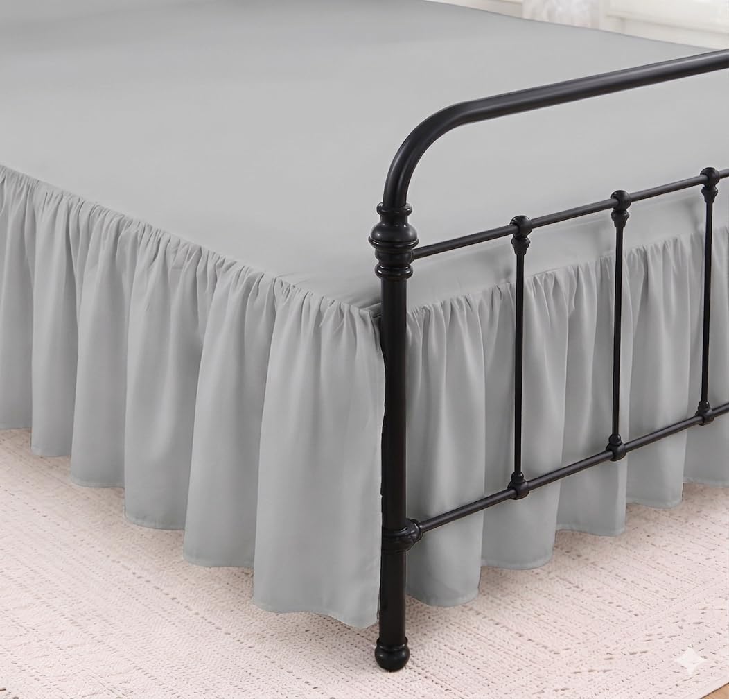 Queen Size Ruffled Bed Skirt - 21 Inch Drop Dust Ruffle Bedskirt with Split Corners, Easy Fit Platform Design Bed Skirts, Three-Sided Coverage, Microfiber Bedskirts, Light Grey