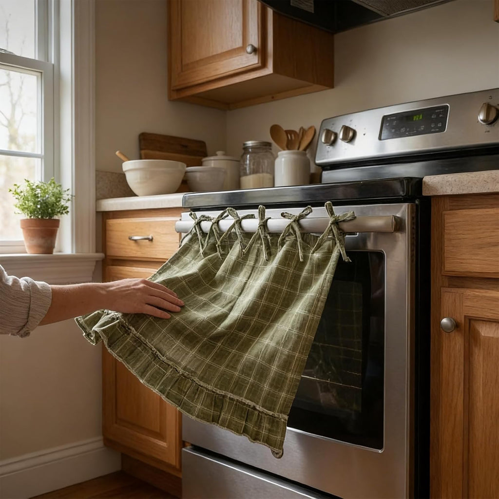 Handmade Oven Skirts for Door, Kitchen Oven Curtain with Ties, Tabs & Ruffled Trim, Heat-Safe Farmhouse Kitchen Décor for Oven, Dishwasher, Washing Machine (Cherry)