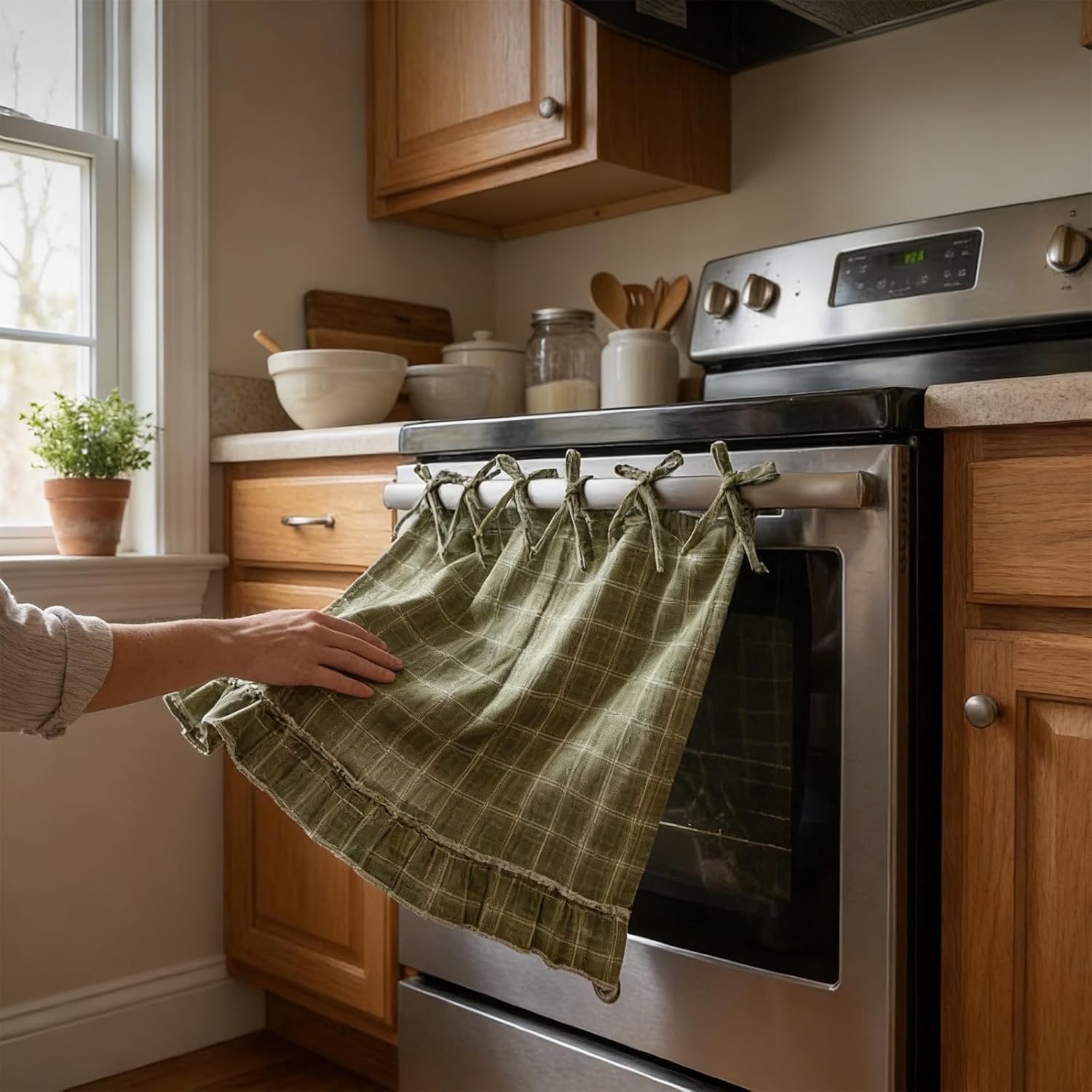 Handmade Oven Skirts for Door, Kitchen Oven Curtain with Ties, Tabs & Ruffled Trim, Heat-Safe Farmhouse Kitchen Décor for Oven, Dishwasher, Washing Machine (Cherry)