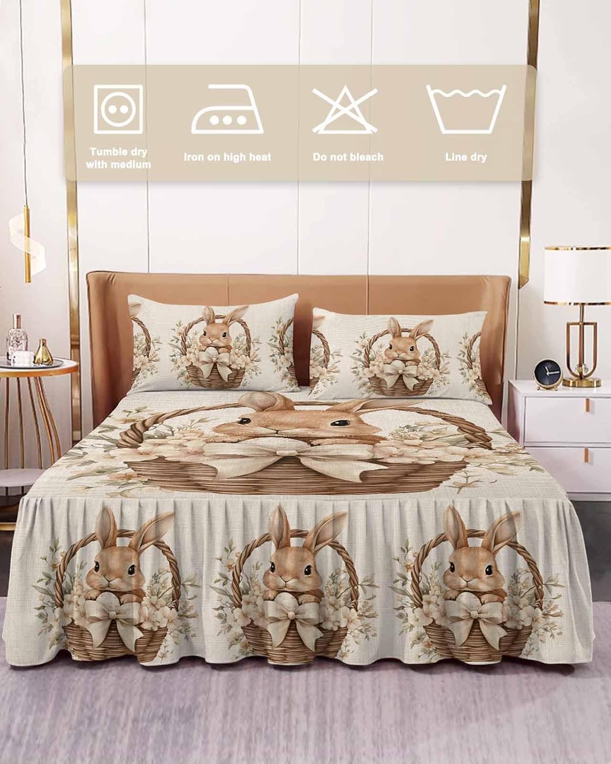 Ruffle Skirt Bedspread for King Size Bed Easter Rabbit Basket on Vintage Linen 3 Piece Bedding Cover with Pillow Sham,18In Drop Bedskirt Coverlet Bedroom Dorm Decor Spring Flower Bow