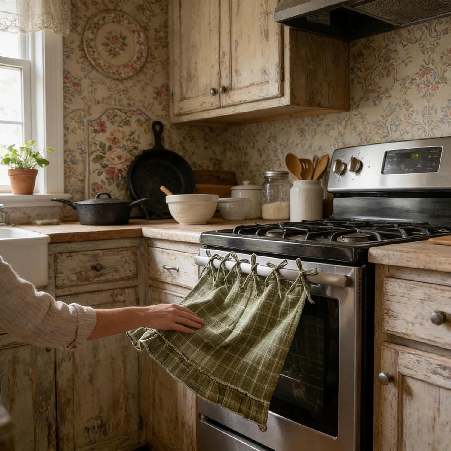 Handmade Oven Skirts for Door, Kitchen Oven Curtain with Ties, Tabs & Ruffled Trim, Heat-Safe Farmhouse Kitchen Décor for Oven, Dishwasher, Washing Machine (Cherry)