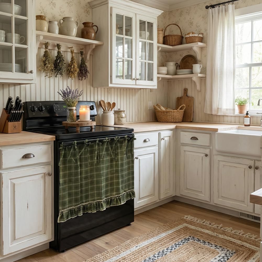 Handmade Oven Skirts, Oven Skirt Curtain for Door, Oven Curtain Tie Top, Farmhouse Kitchen Décor, Heat-Resistant, Effortless Install, Hide Clutter, for Oven,Dishwashers, Washing Machine (Domino)