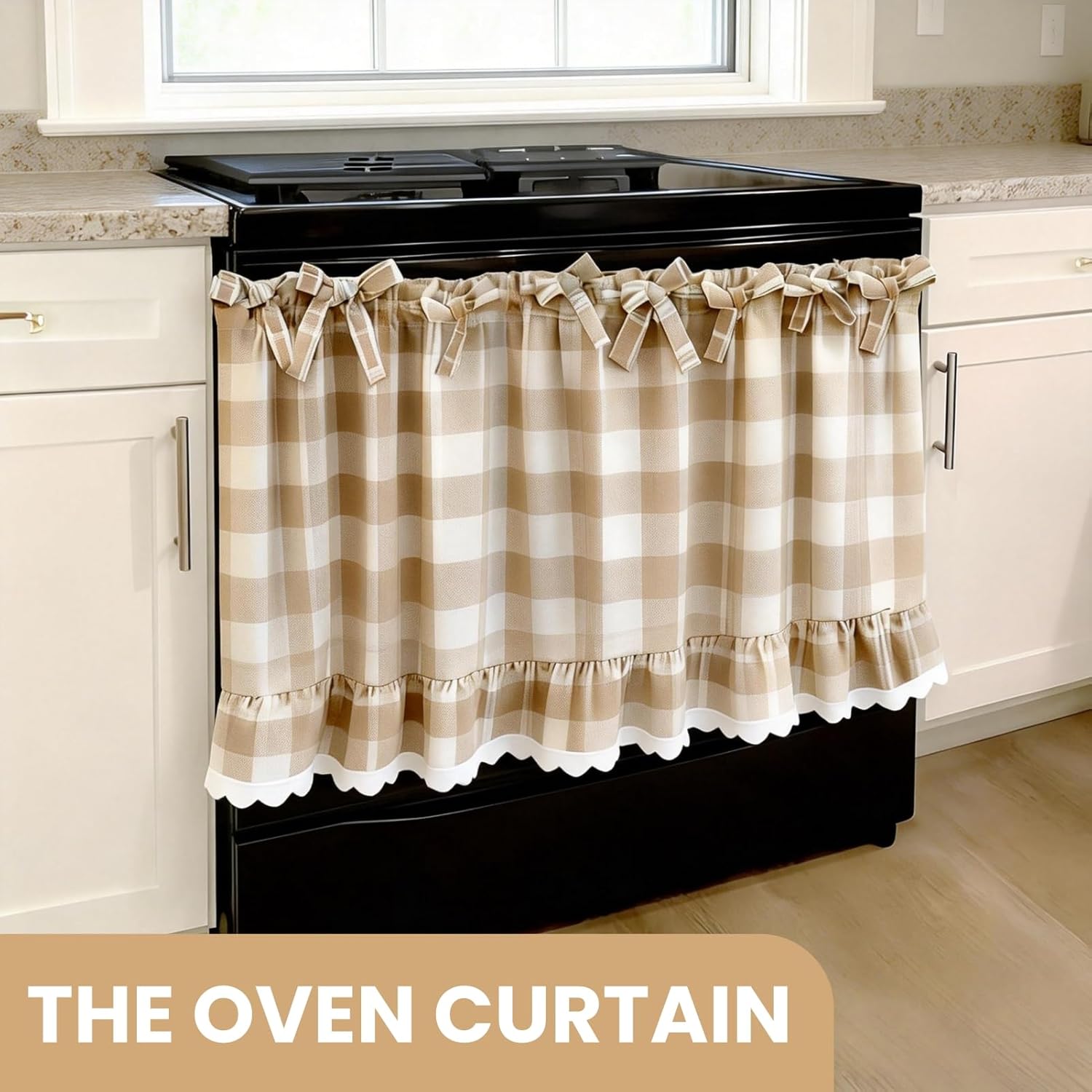 Beige and White Check Oven Skirt for Farmhouse Kitchen Decor, Cotton Blend Stove Cover Skirt with Lace Trim & 9 Ribbon Ties, Rustic Decorative Oven Door Curtain for Cottage Kitchen Decor