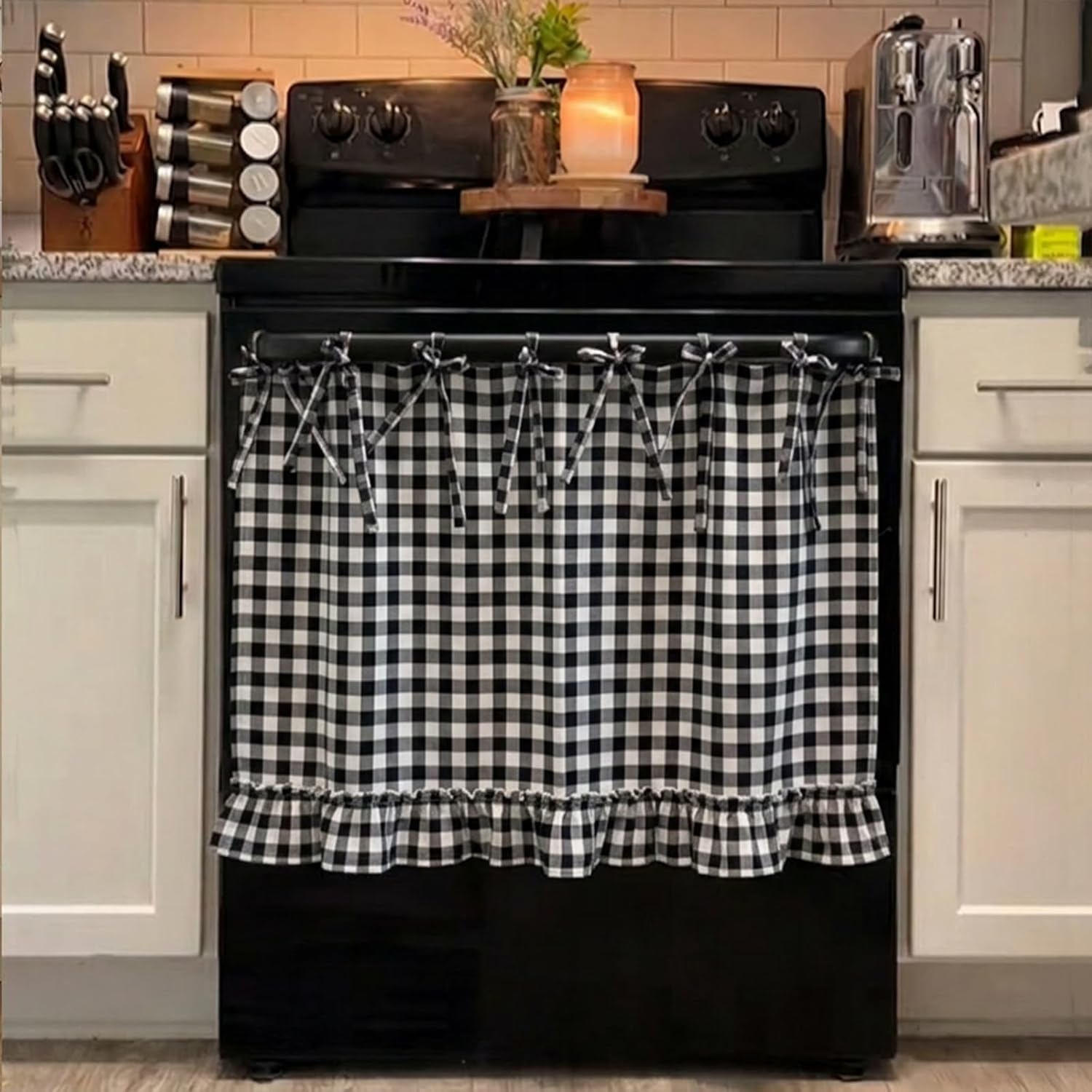 Handmade Oven Skirts, Oven Skirt Curtain for Door, Oven Curtain Tie Top, Farmhouse Kitchen Décor, Heat-Resistant, Effortless Install, Hide Clutter, for Oven,Dishwashers, Washing Machine (Domino)