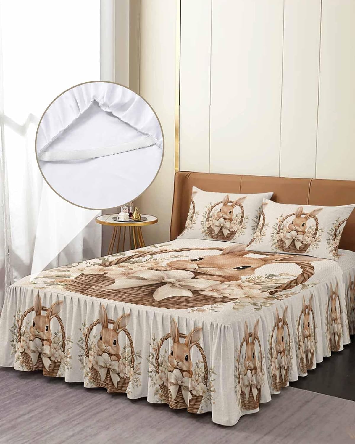 Ruffle Skirt Bedspread for King Size Bed Easter Rabbit Basket on Vintage Linen 3 Piece Bedding Cover with Pillow Sham,18In Drop Bedskirt Coverlet Bedroom Dorm Decor Spring Flower Bow