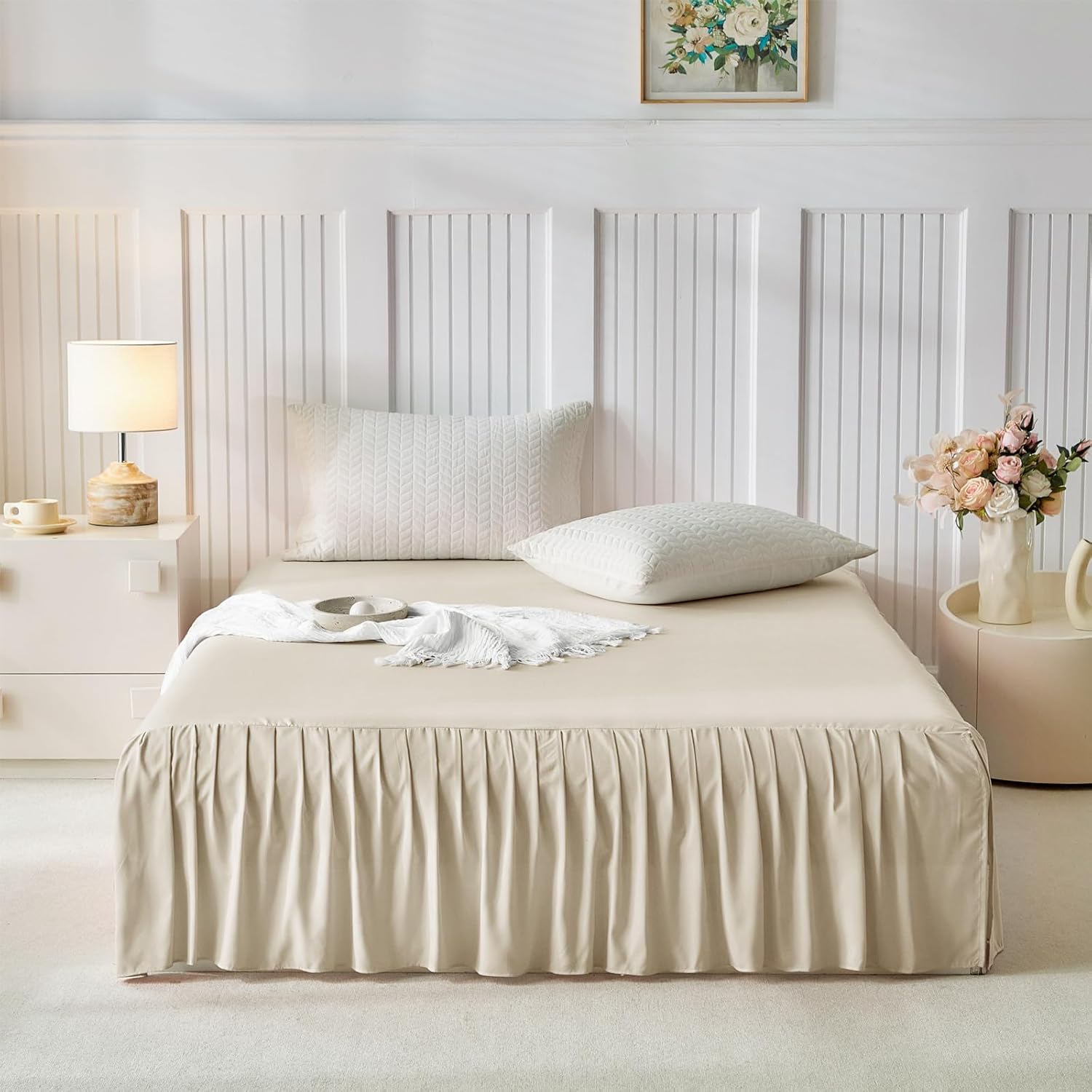 Uozzi Bedding Bed Skirt King Size Three Fabric Sides Elastic Dust Ruffled Bed Skirt with Split Corners, Full Ruffles Bed Skirts 18 Inch Drop with Platform, 18'' King Cream White