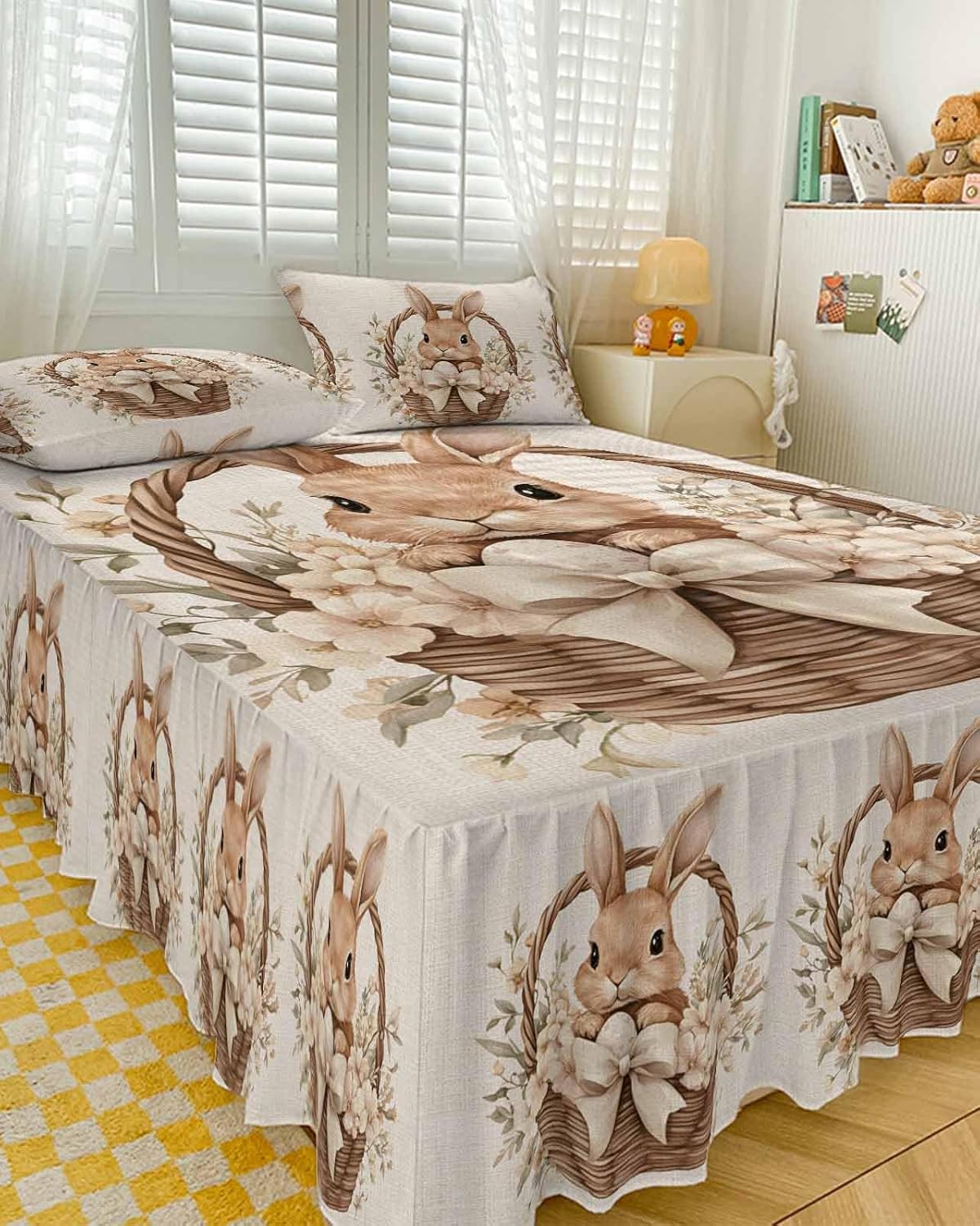 Ruffle Skirt Bedspread for King Size Bed Easter Rabbit Basket on Vintage Linen 3 Piece Bedding Cover with Pillow Sham,18In Drop Bedskirt Coverlet Bedroom Dorm Decor Spring Flower Bow