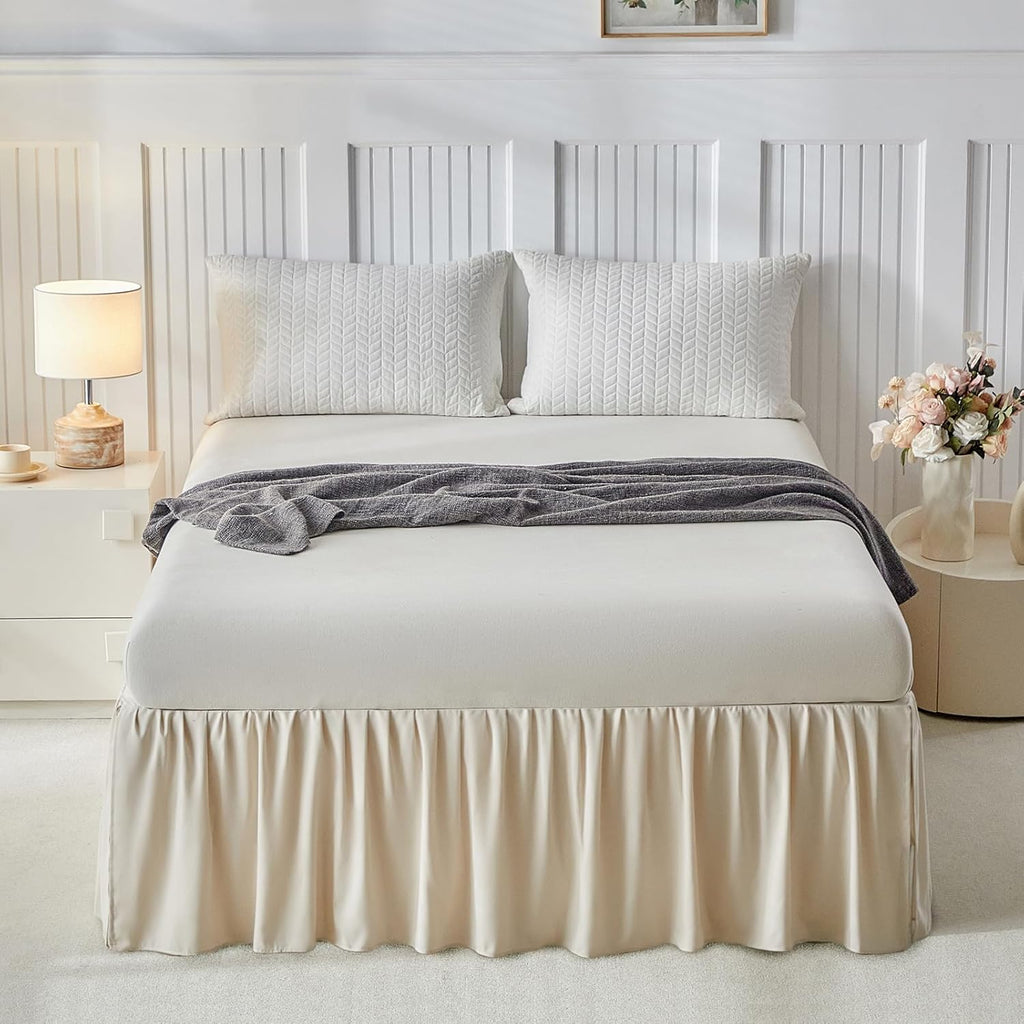 Uozzi Bedding Bed Skirt King Size Three Fabric Sides Elastic Dust Ruffled Bed Skirt with Split Corners, Full Ruffles Bed Skirts 18 Inch Drop with Platform, 18'' King Cream White