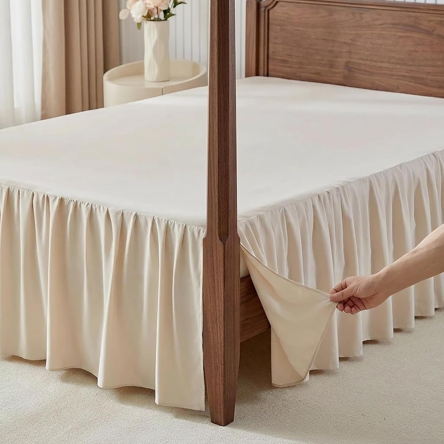 Uozzi Bedding Bed Skirt King Size Three Fabric Sides Elastic Dust Ruffled Bed Skirt with Split Corners, Full Ruffles Bed Skirts 18 Inch Drop with Platform, 18'' King Cream White