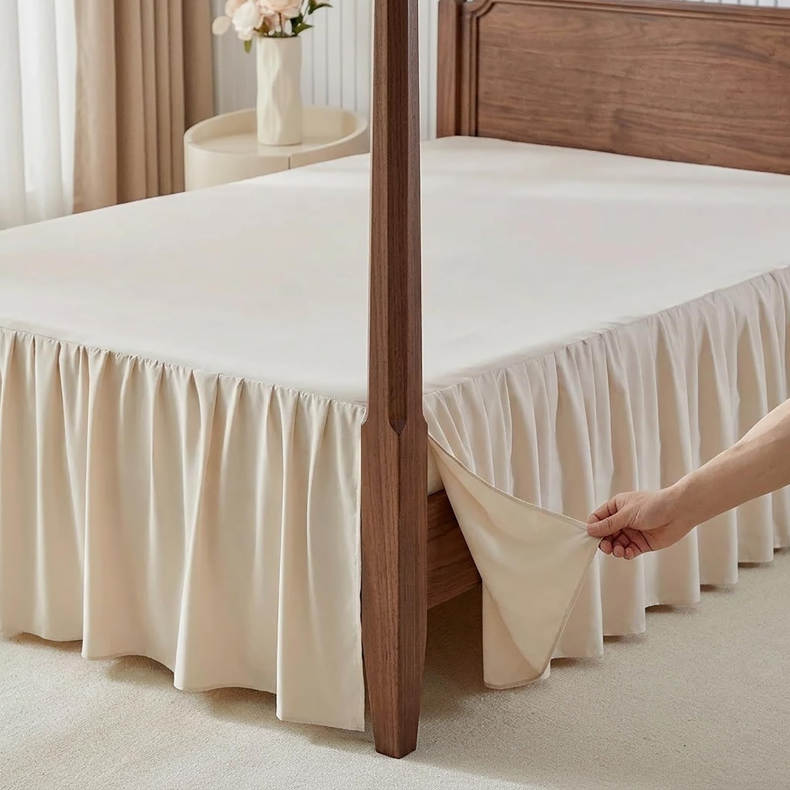 Uozzi Bedding Bed Skirt King Size Three Fabric Sides Elastic Dust Ruffled Bed Skirt with Split Corners, Full Ruffles Bed Skirts 18 Inch Drop with Platform, 18'' King Cream White