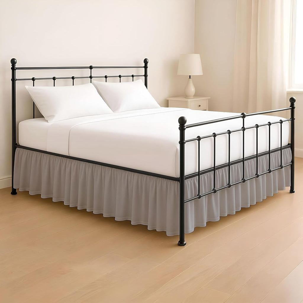 Queen Size Ruffled Bed Skirt - 21 Inch Drop Dust Ruffle Bedskirt with Split Corners, Easy Fit Platform Design Bed Skirts, Three-Sided Coverage, Microfiber Bedskirts, Light Grey