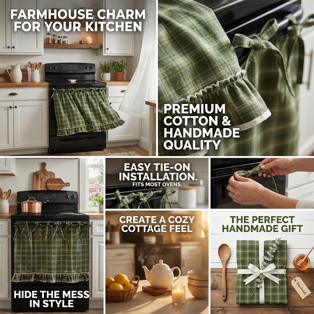 Handmade Oven Skirts, Oven Skirt Curtain for Door, Oven Curtain Tie Top, Farmhouse Kitchen Décor, Heat-Resistant, Effortless Install, Hide Clutter, for Oven,Dishwashers, Washing Machine (Domino)