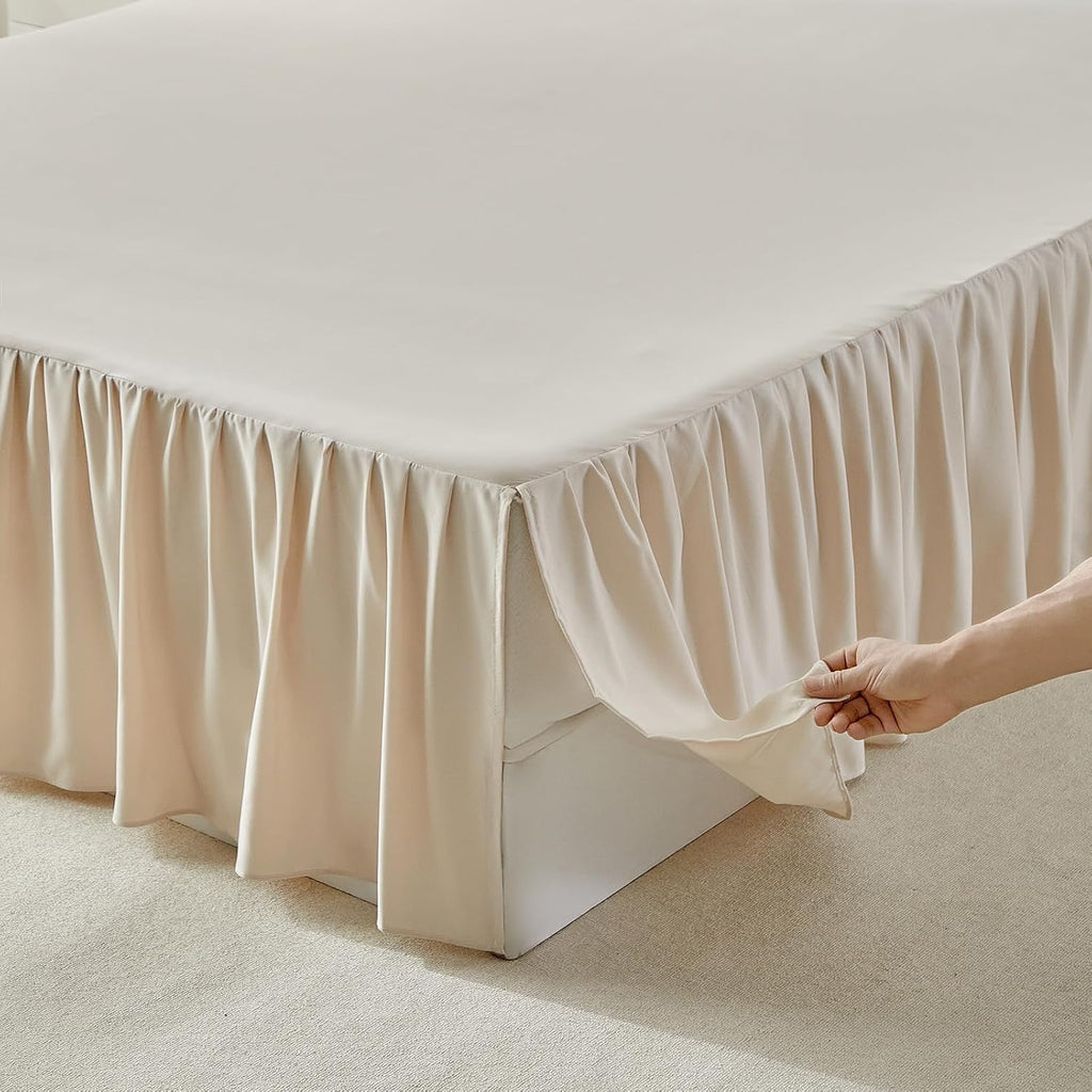 Uozzi Bedding Bed Skirt King Size Three Fabric Sides Elastic Dust Ruffled Bed Skirt with Split Corners, Full Ruffles Bed Skirts 18 Inch Drop with Platform, 18'' King Cream White
