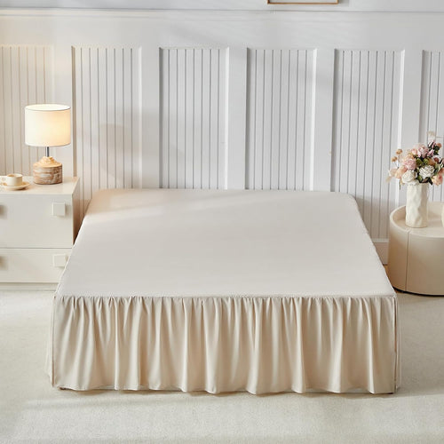 Uozzi Bedding Bed Skirt King Size Three Fabric Sides Elastic Dust Ruffled Bed Skirt with Split Corners, Full Ruffles Bed Skirts 18 Inch Drop with Platform, 18'' King Cream White