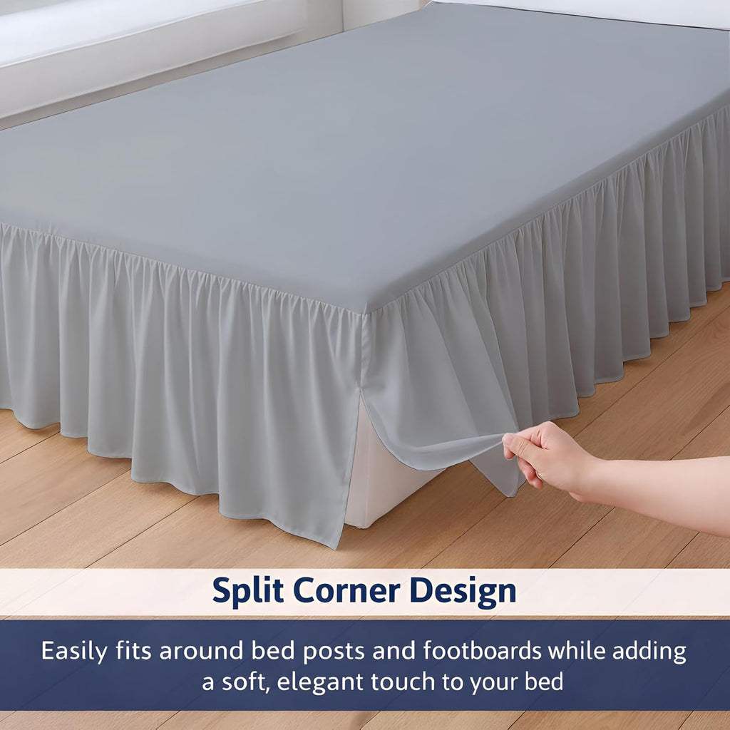 Queen Size Ruffled Bed Skirt - 21 Inch Drop Dust Ruffle Bedskirt with Split Corners, Easy Fit Platform Design Bed Skirts, Three-Sided Coverage, Microfiber Bedskirts, Light Grey