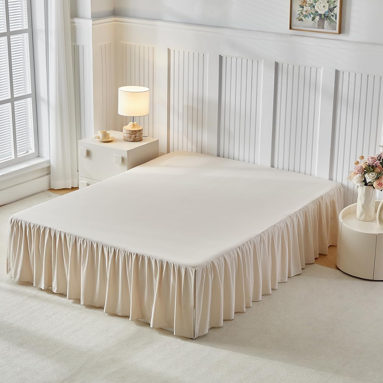 Uozzi Bedding Bed Skirt King Size Three Fabric Sides Elastic Dust Ruffled Bed Skirt with Split Corners, Full Ruffles Bed Skirts 18 Inch Drop with Platform, 18'' King Cream White