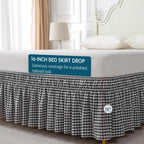 Wrap Around King/Cal King Bed Skirt 16" Drop, Black & White Gingham, 100% Washed Cotton, No-Lift Easy Install, Non-Slip Straps, Farmhouse Style