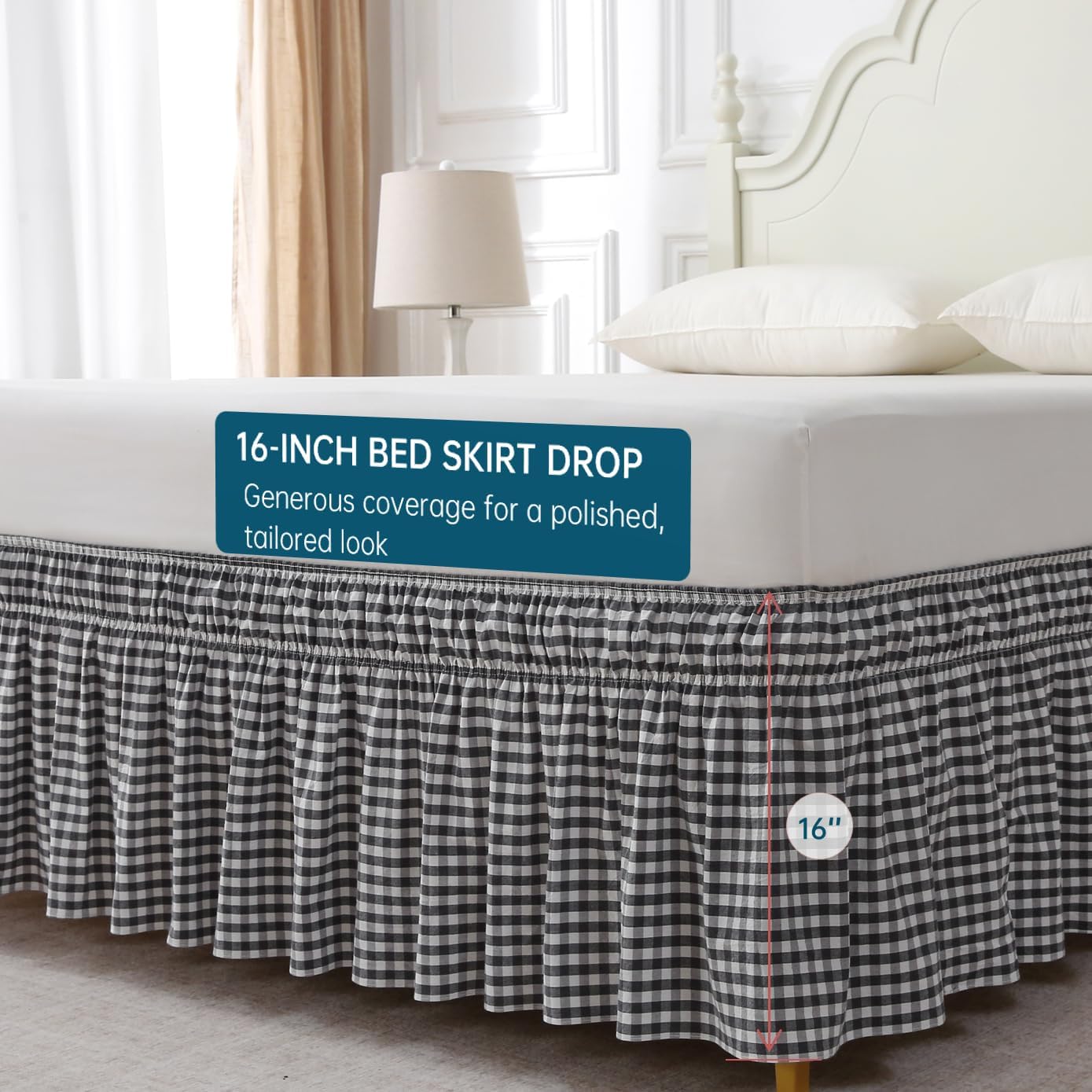 Wrap Around King/Cal King Bed Skirt 16" Drop, Black & White Gingham, 100% Washed Cotton, No-Lift Easy Install, Non-Slip Straps, Farmhouse Style