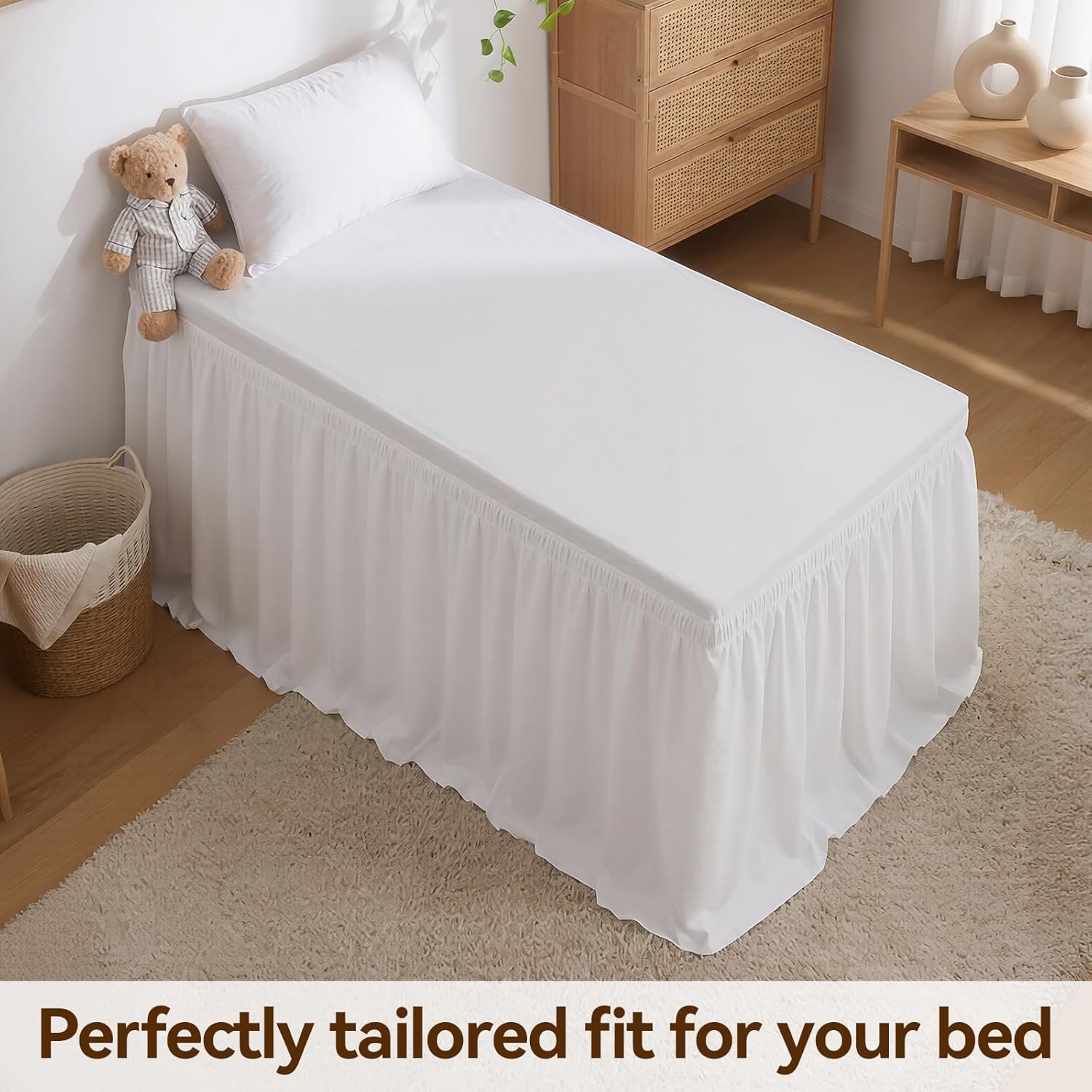 RIMELA Dorm College Bed Skirt Twin XL 36 Inch Drop, No-Slip Elastic Wrap Around Dust Ruffle, Soft Cotton-Like Fabric, Hides Under Bed Storage, Easy Install Machine Washable White