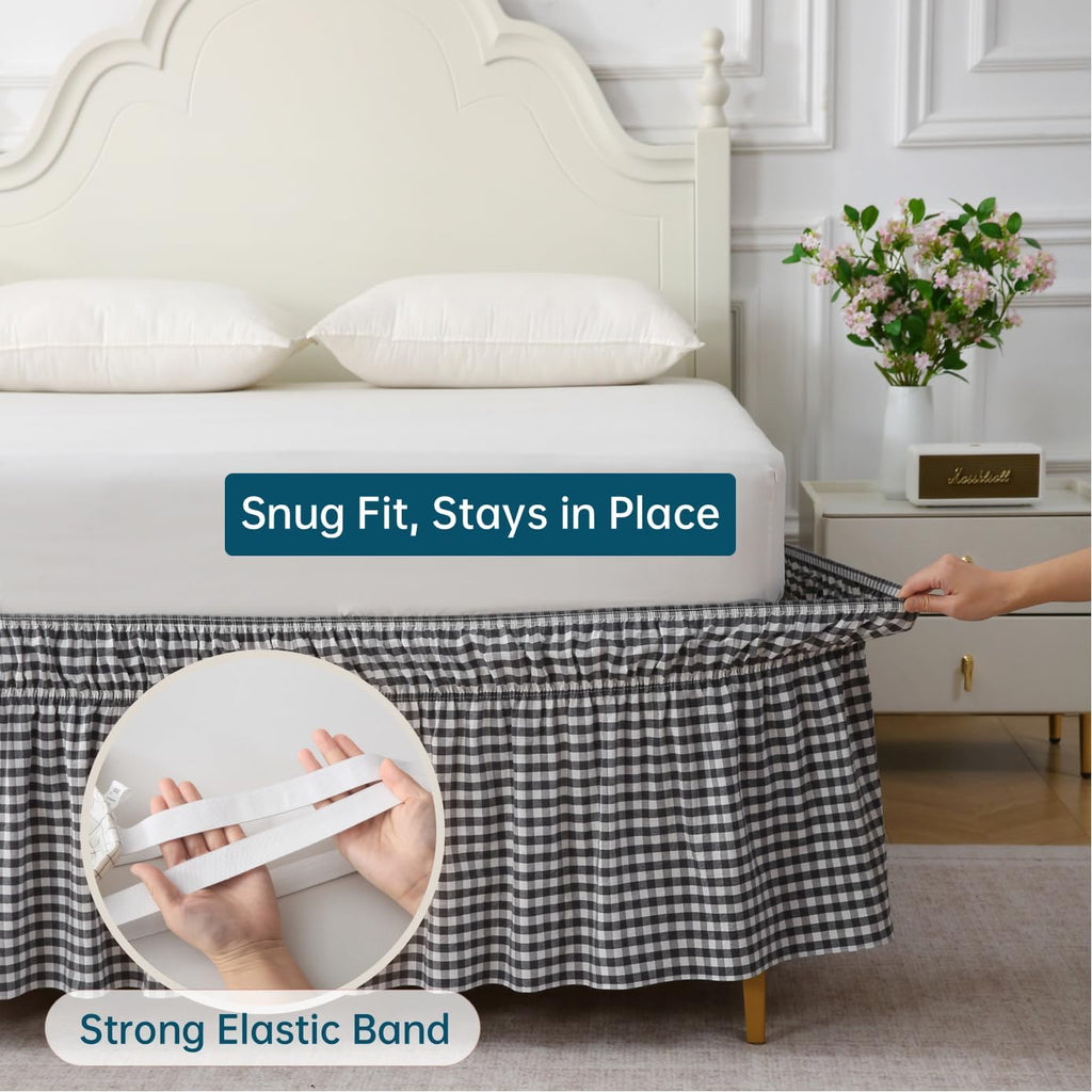 Wrap Around King/Cal King Bed Skirt 16" Drop, Black & White Gingham, 100% Washed Cotton, No-Lift Easy Install, Non-Slip Straps, Farmhouse Style