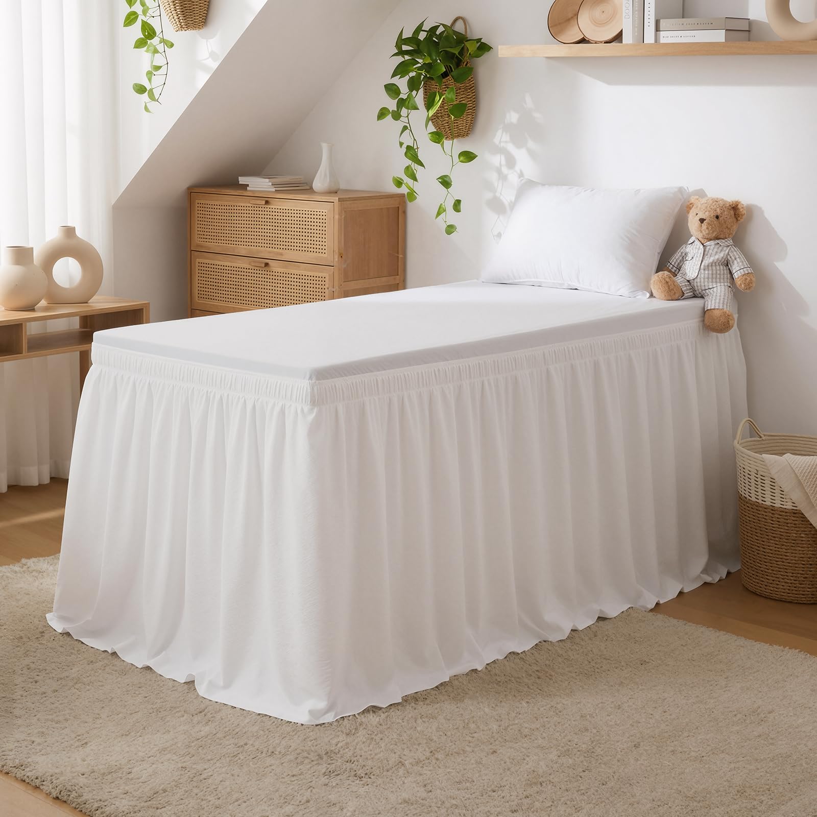 RIMELA Dorm College Bed Skirt Twin XL 36 Inch Drop, No-Slip Elastic Wrap Around Dust Ruffle, Soft Cotton-Like Fabric, Hides Under Bed Storage, Easy Install Machine Washable White