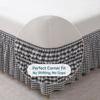 Wrap Around King/Cal King Bed Skirt 16" Drop, Black & White Gingham, 100% Washed Cotton, No-Lift Easy Install, Non-Slip Straps, Farmhouse Style