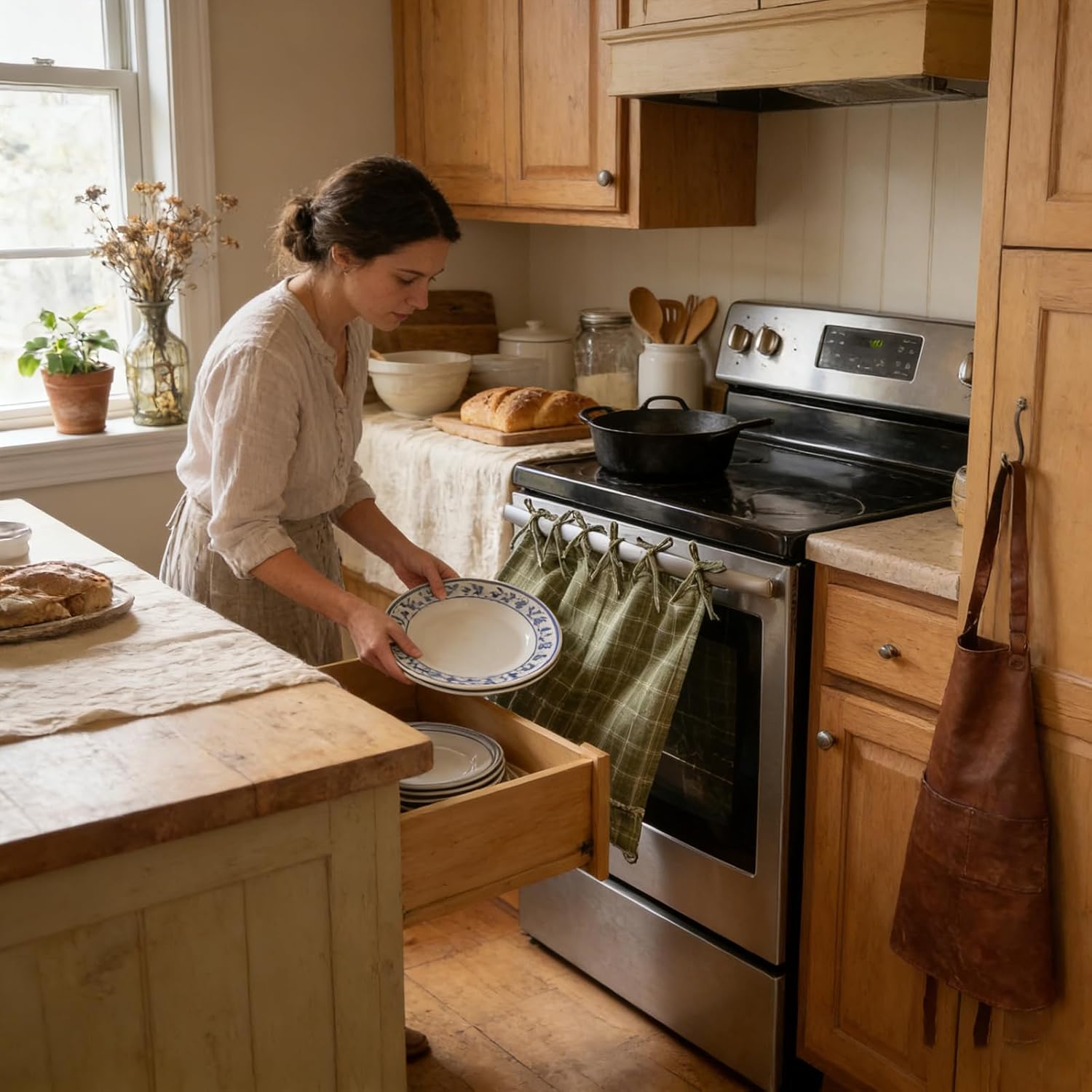 Handmade Oven Skirts for Door, Kitchen Oven Curtain with Ties, Tabs & Ruffled Trim, Heat-Safe Farmhouse Kitchen Décor for Oven, Dishwasher, Washing Machine (Cherry)