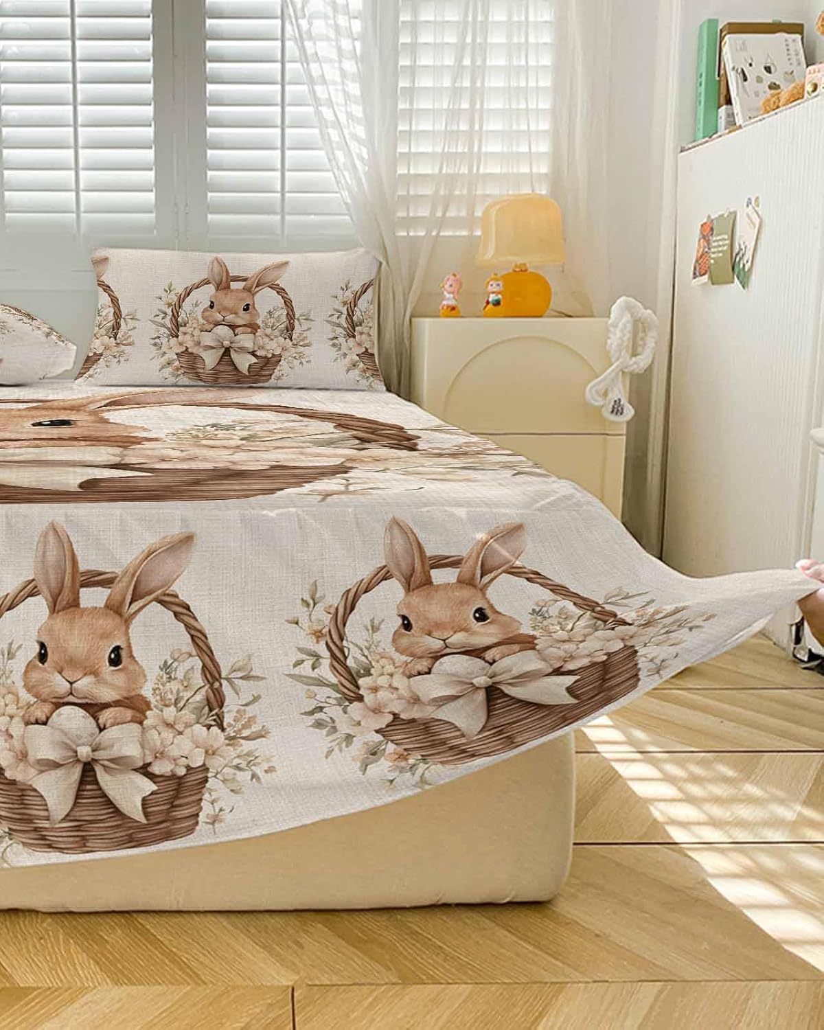 Ruffle Skirt Bedspread for King Size Bed Easter Rabbit Basket on Vintage Linen 3 Piece Bedding Cover with Pillow Sham,18In Drop Bedskirt Coverlet Bedroom Dorm Decor Spring Flower Bow