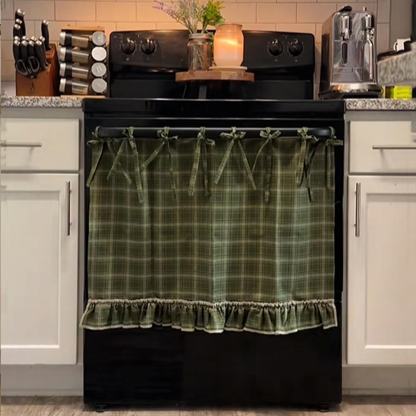 Handmade Oven Skirts, Oven Skirt Curtain for Door, Oven Curtain Tie Top, Farmhouse Kitchen Décor, Heat-Resistant, Effortless Install, Hide Clutter, for Oven,Dishwashers, Washing Machine (Domino)