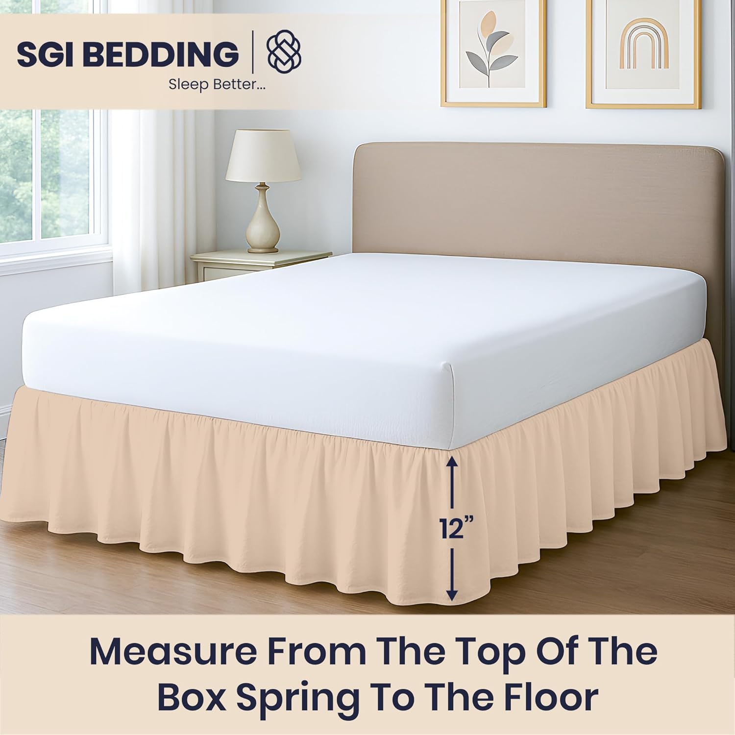 SGI bedding 12 Inch Drop Ruffled Bed Skirt King Size - Classic Gathered Styling, Platform Style Dust Ruffle with Secure Fit, Split Corners, Wrinkle-Resistant Microfiber - Beige