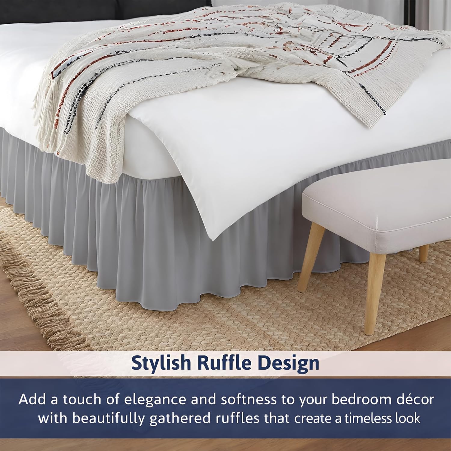 Queen Size Ruffled Bed Skirt - 21 Inch Drop Dust Ruffle Bedskirt with Split Corners, Easy Fit Platform Design Bed Skirts, Three-Sided Coverage, Microfiber Bedskirts, Light Grey