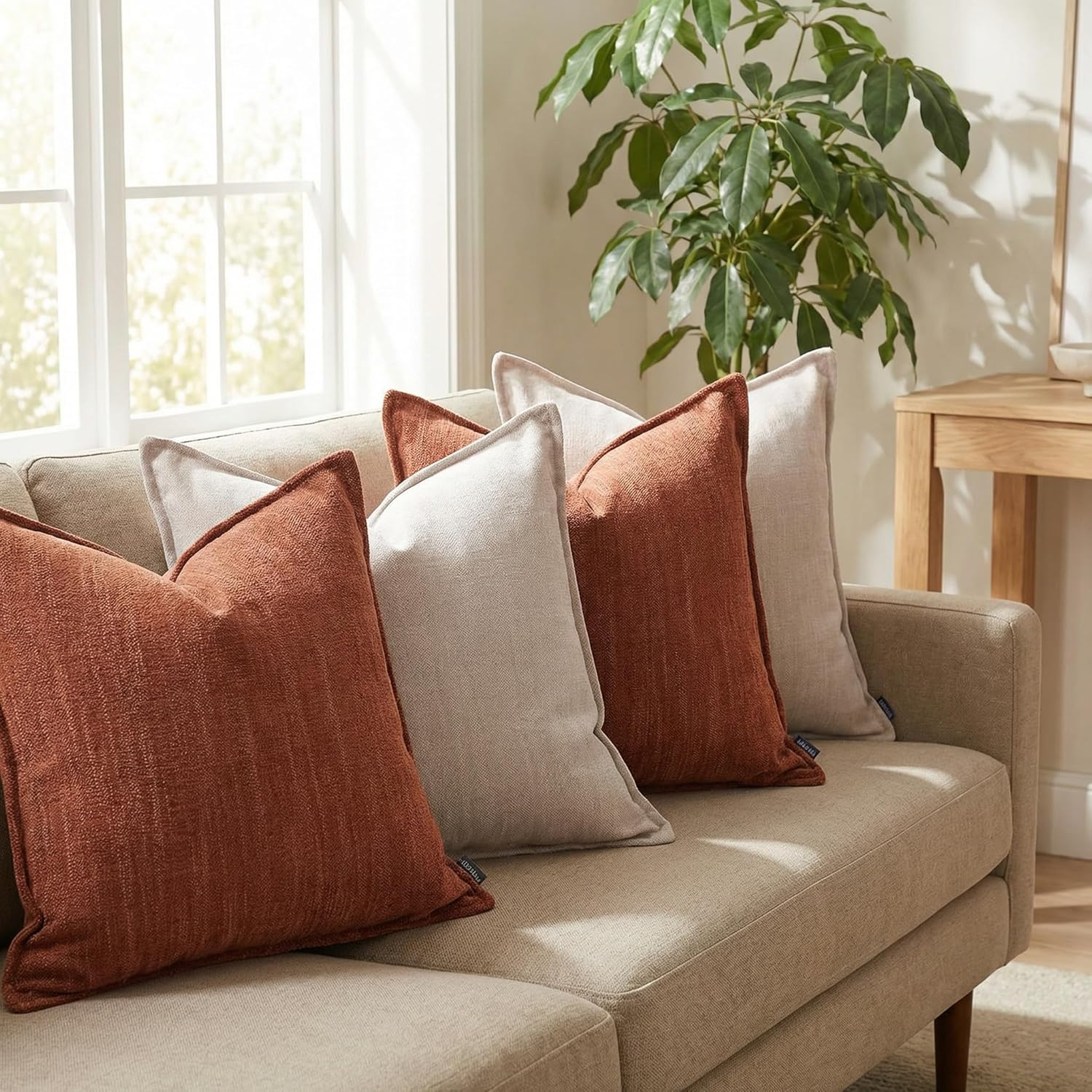 BOYSUM 12x20 Inches Throw Pillow Covers Set of 4 Soft Textured Chenille Decorative Cushion Cases for Couch Sofa Bed Modern Farmhouse Neutral Accent Covers with Hidden Zipper Beige Orange