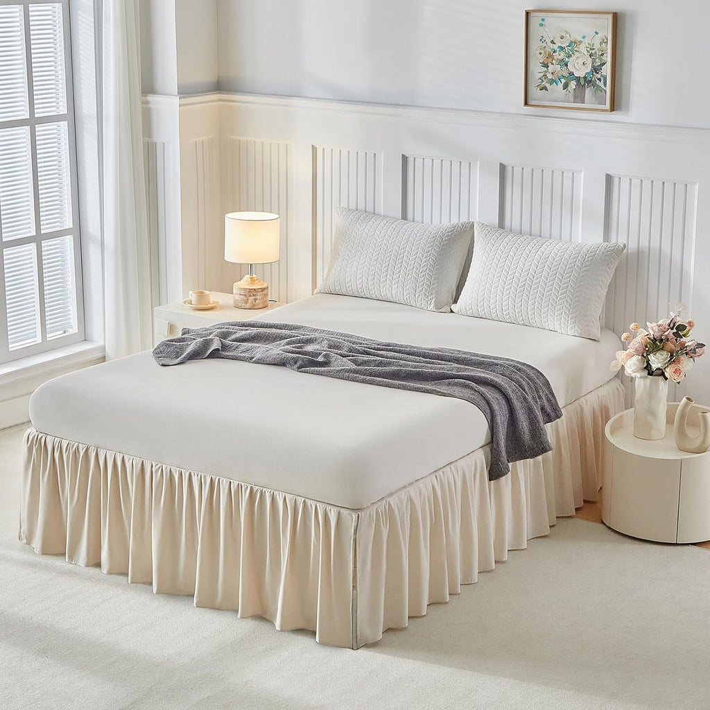 Uozzi Bedding Bed Skirt King Size Three Fabric Sides Elastic Dust Ruffled Bed Skirt with Split Corners, Full Ruffles Bed Skirts 18 Inch Drop with Platform, 18'' King Cream White