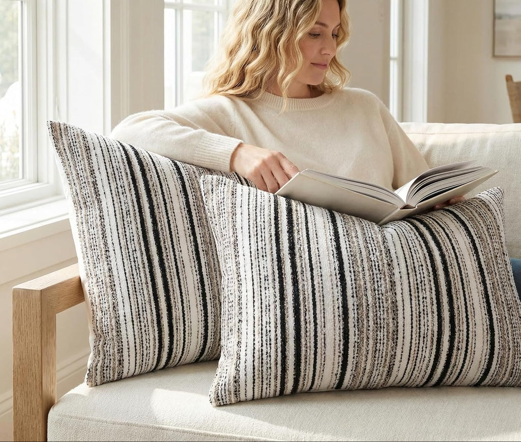 BOYSUM Set of 2 Striped Chenille Throw Pillow Covers 12x20 Inches Premium Plush Textured Decorative Cushion Covers Reinforced Hidden Zipper Mid-Century Modern Farmhouse Decor for Couch Sofa Black