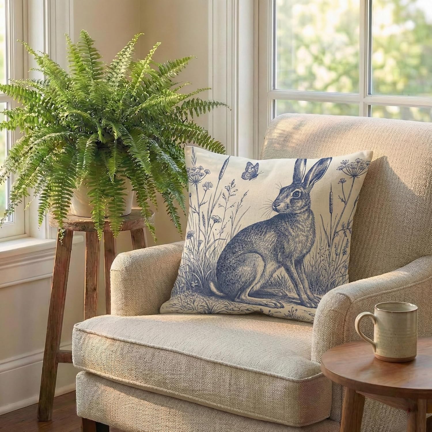 B BBPM Vintage Blue Gray Rabbit Throw Pillow Covers Set of 2 Double Sided Linen Blend French Country Animal Cushion Cases, Easter Spring Farmhouse Decor for Sofa Couch Living Room, Bedroom 18×18 Inch