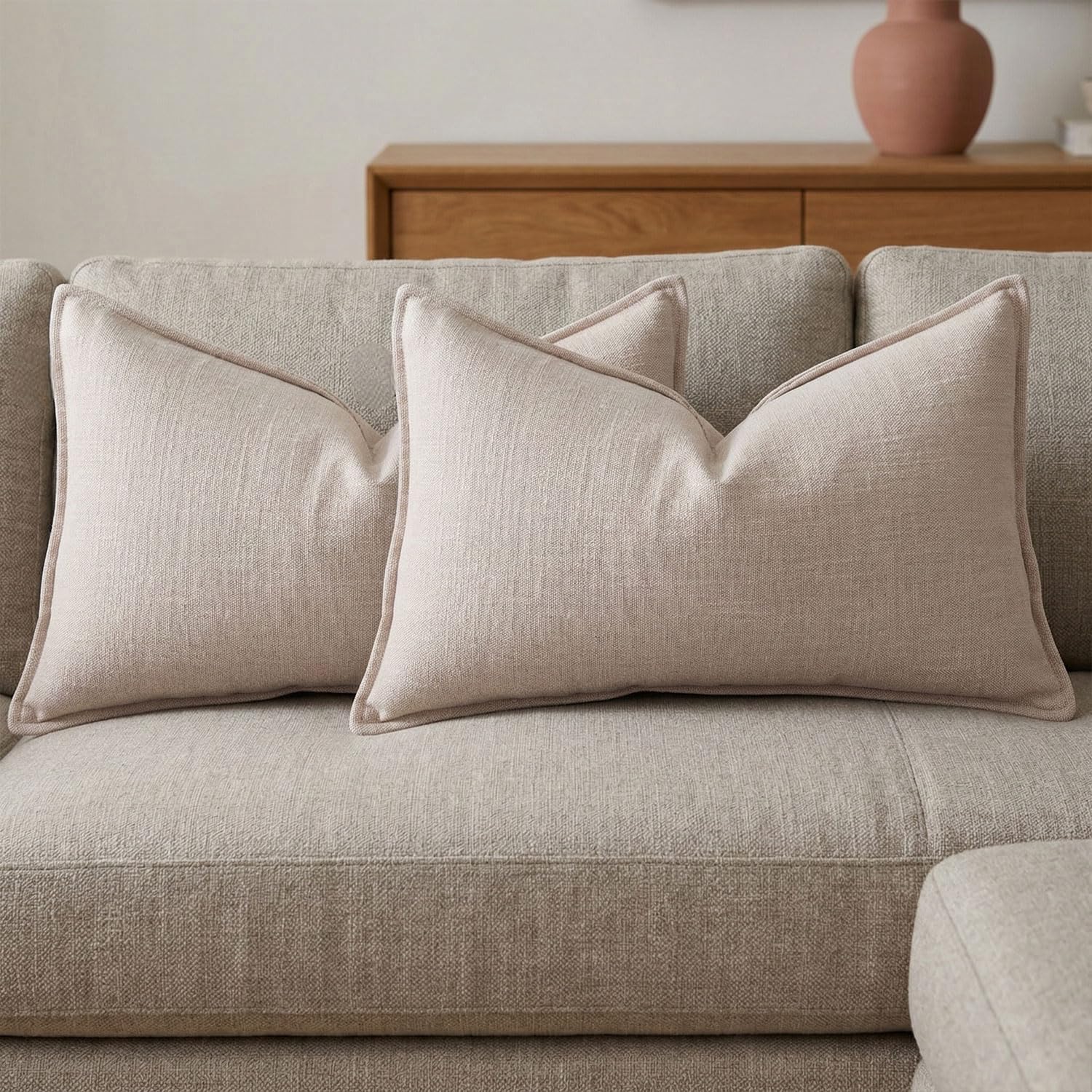 BOYSUM 12x20 Pillow Covers Set of 2 Chenille Linen Textured Throw Pillow Covers for Couch Sofa Hidden Zipper Decorative Cushion Cases Modern Farmhouse Neutral Home Decor Beige