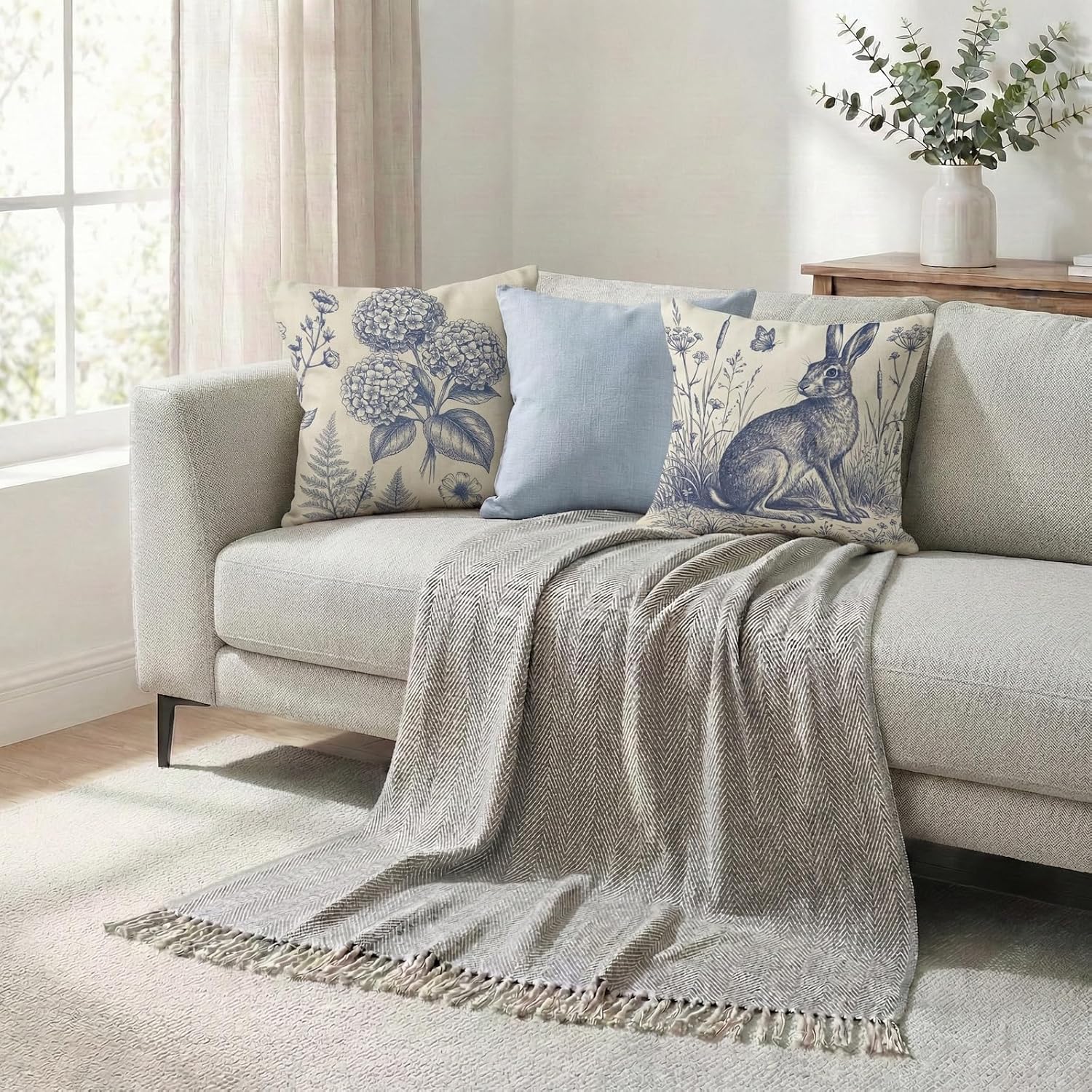 B BBPM Vintage Blue Gray Rabbit Throw Pillow Covers Set of 2 Double Sided Linen Blend French Country Animal Cushion Cases, Easter Spring Farmhouse Decor for Sofa Couch Living Room, Bedroom 18×18 Inch
