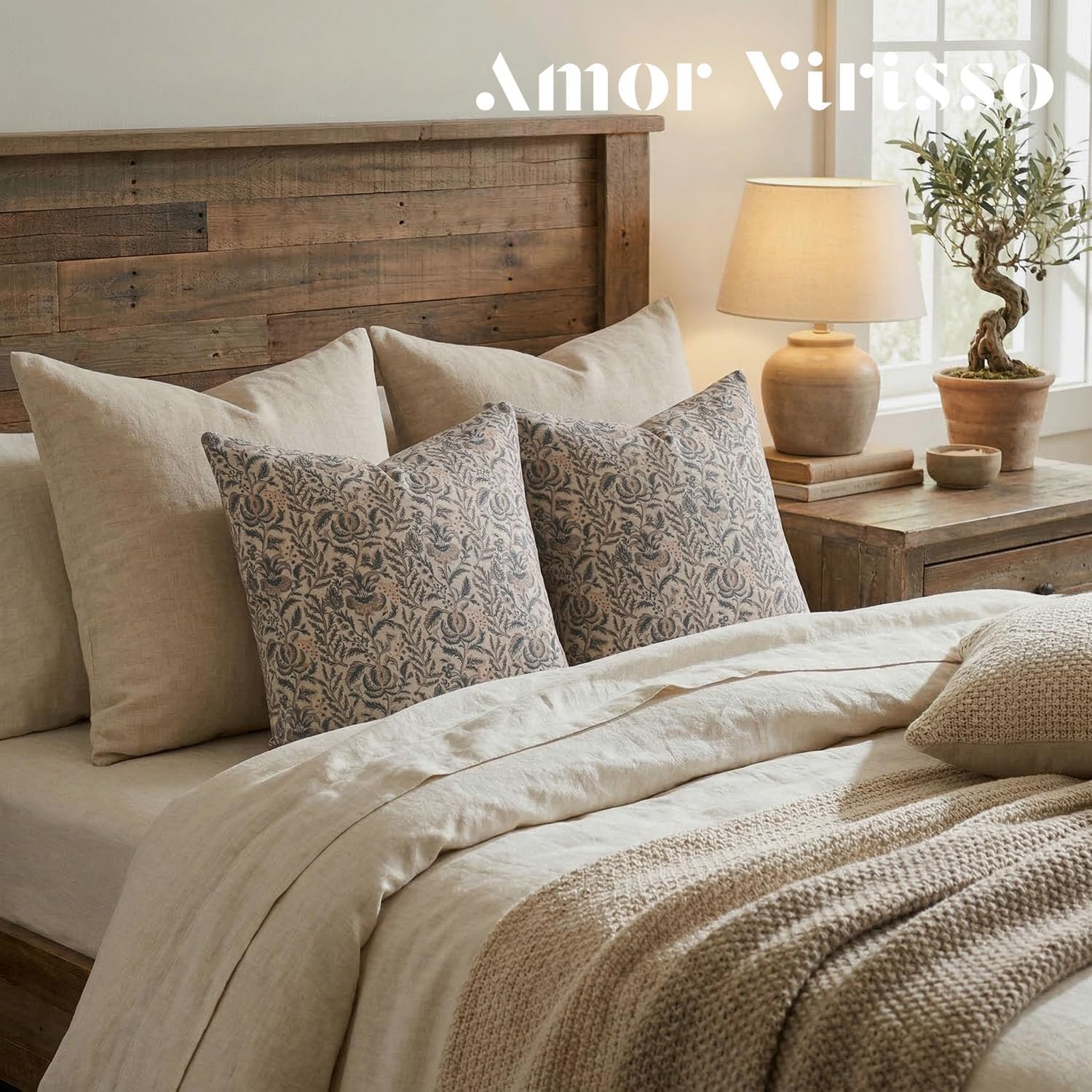 Amor Virisso Floral Pillow Covers 18x18 Set of 2 Vintage Block Print Pillow Covers Neutral Floral Striped Farmhouse Accent Decorative Pillow Covers for Sofa Bed, Yellow
