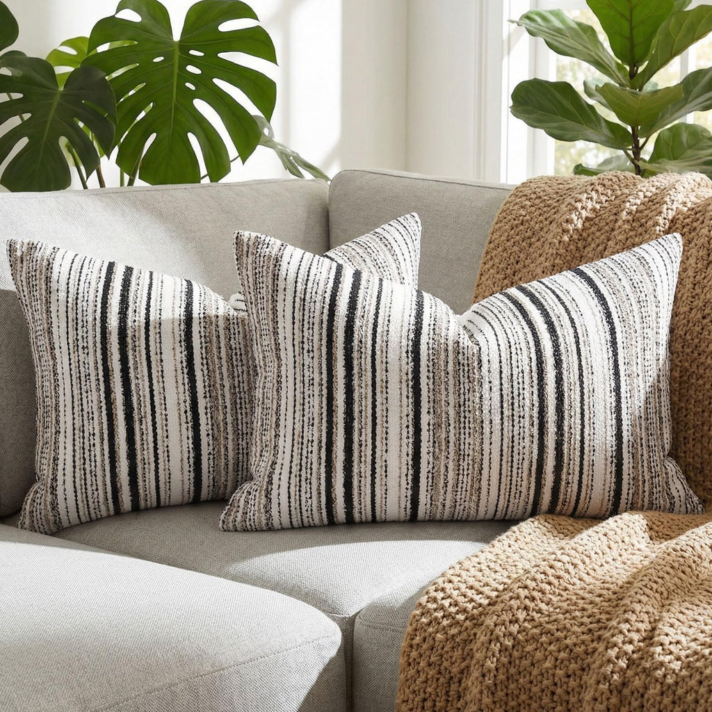 BOYSUM Set of 2 Striped Chenille Throw Pillow Covers 12x20 Inches Premium Plush Textured Decorative Cushion Covers Reinforced Hidden Zipper Mid-Century Modern Farmhouse Decor for Couch Sofa Black