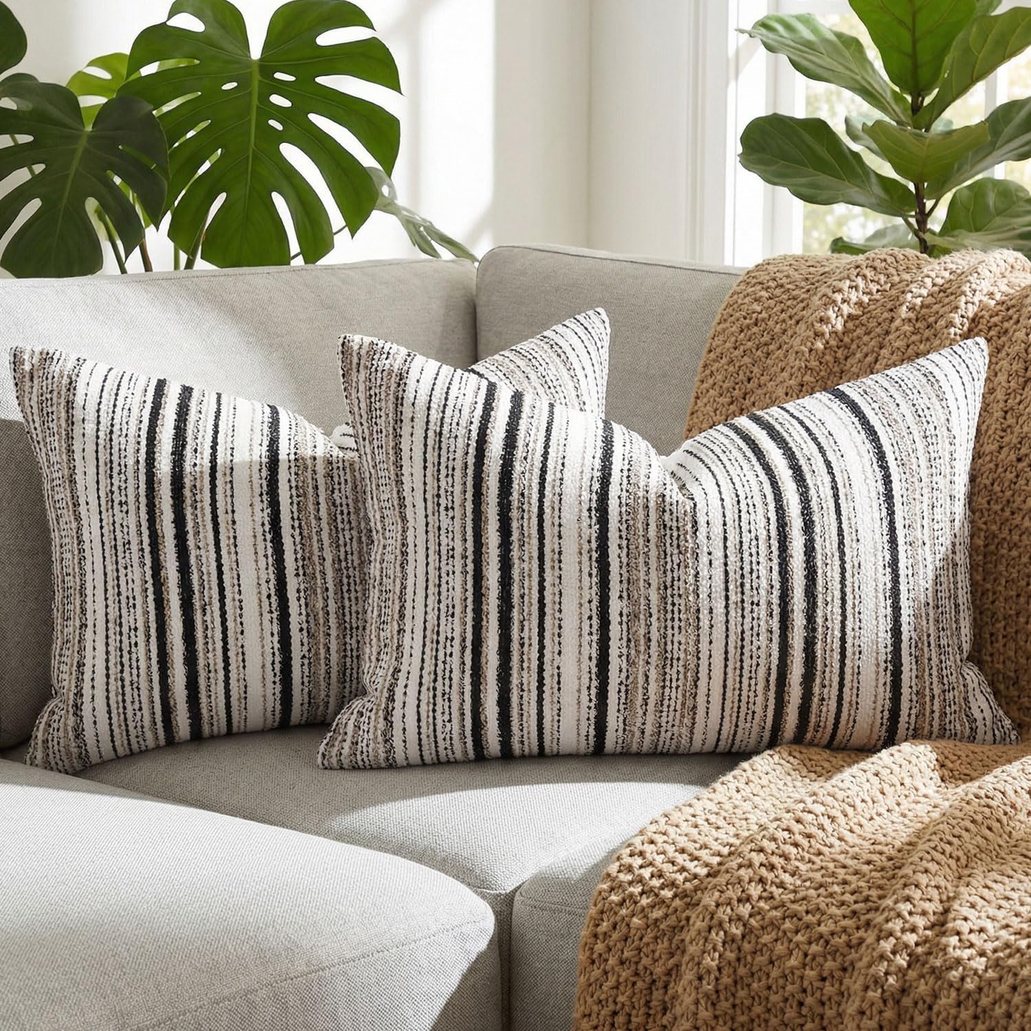 BOYSUM Set of 2 Striped Chenille Throw Pillow Covers 12x20 Inches Premium Plush Textured Decorative Cushion Covers Reinforced Hidden Zipper Mid-Century Modern Farmhouse Decor for Couch Sofa Black