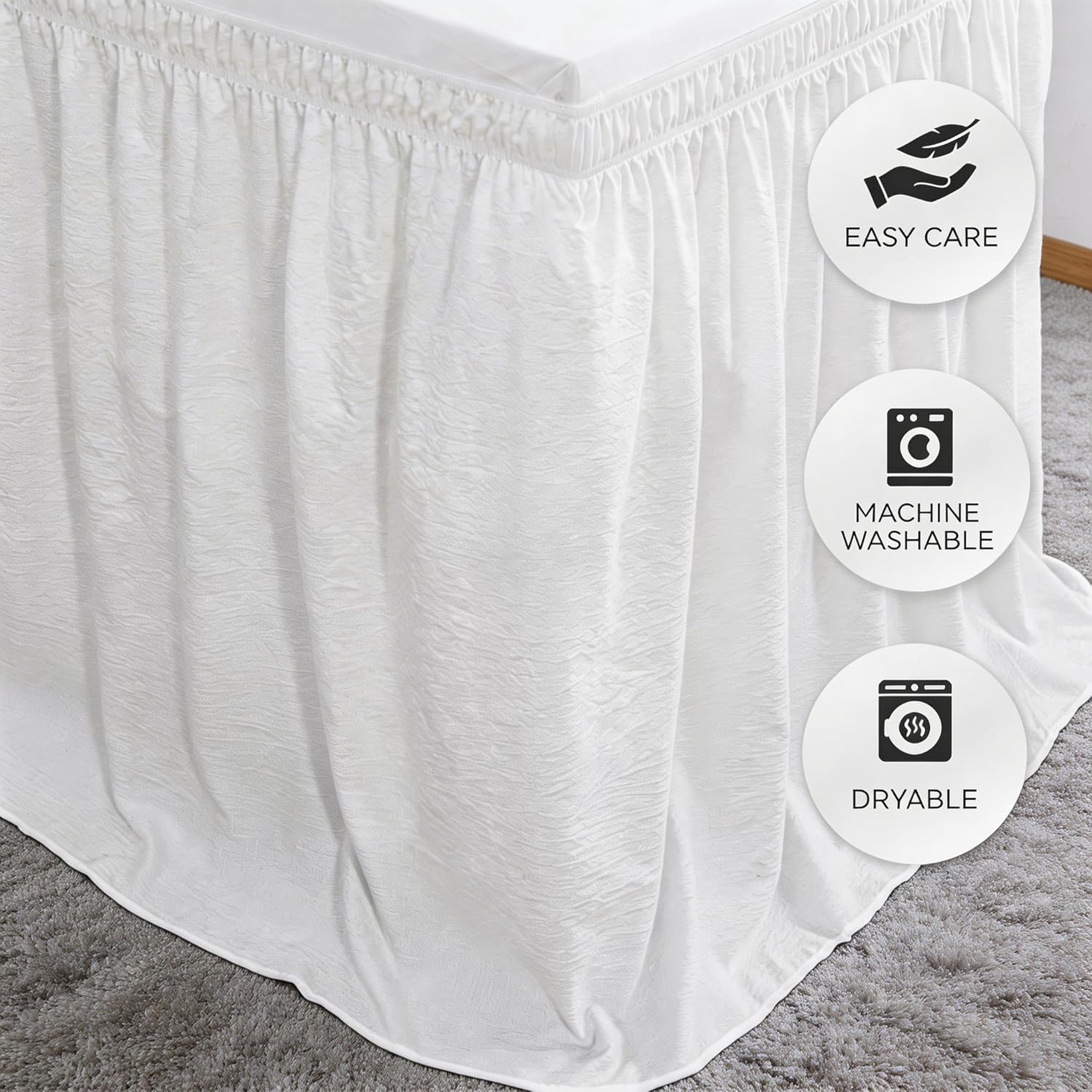 RIMELA Dorm College Bed Skirt Twin XL 36 Inch Drop, No-Slip Elastic Wrap Around Dust Ruffle, Soft Cotton-Like Fabric, Hides Under Bed Storage, Easy Install Machine Washable White