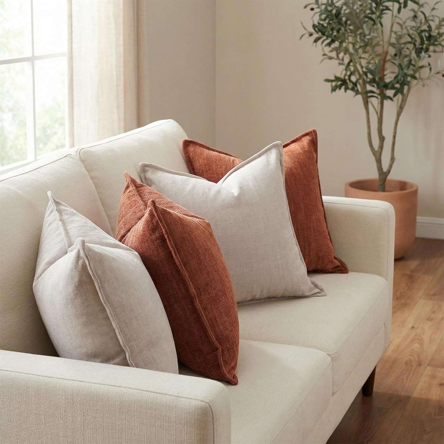 BOYSUM 12x20 Inches Throw Pillow Covers Set of 4 Soft Textured Chenille Decorative Cushion Cases for Couch Sofa Bed Modern Farmhouse Neutral Accent Covers with Hidden Zipper Beige Orange